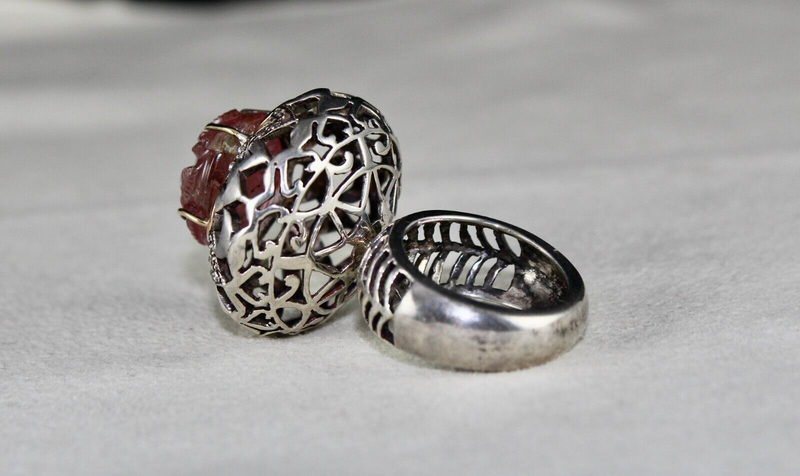 Antique Pink Tourmaline Carved Diamond 18k Gold Silver Cocktail Victorian Ring