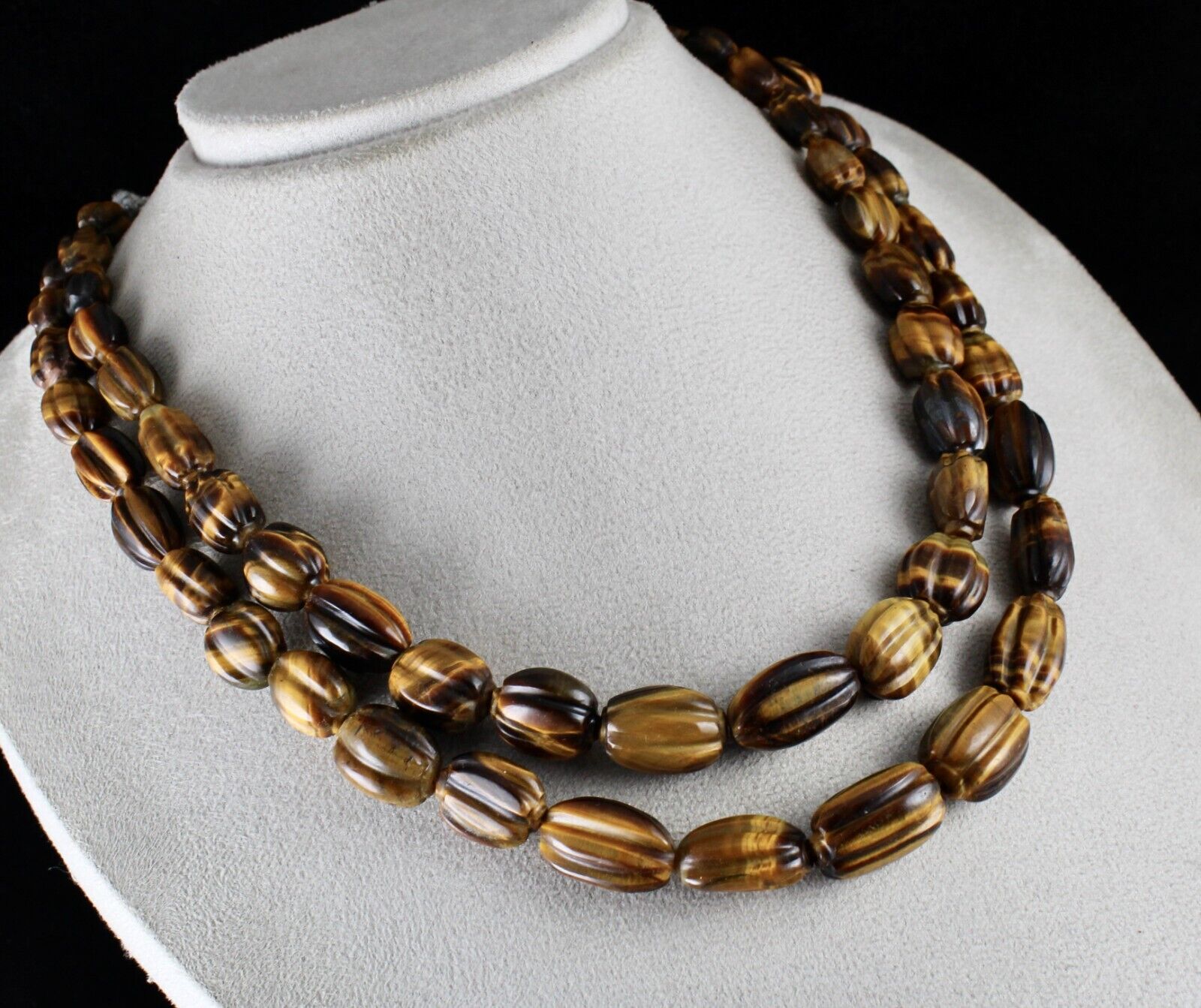 NATURAL TIGER'S EYE BEADS CARVED 2 LINE 785 CTS GEMSTONE LADIES ANTIQUE NECKLACE