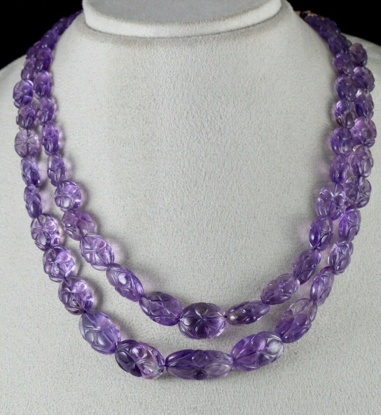 Antique Natural Amethyst 478ct Carved Beads 2 Line Fine Gemstone Necklace