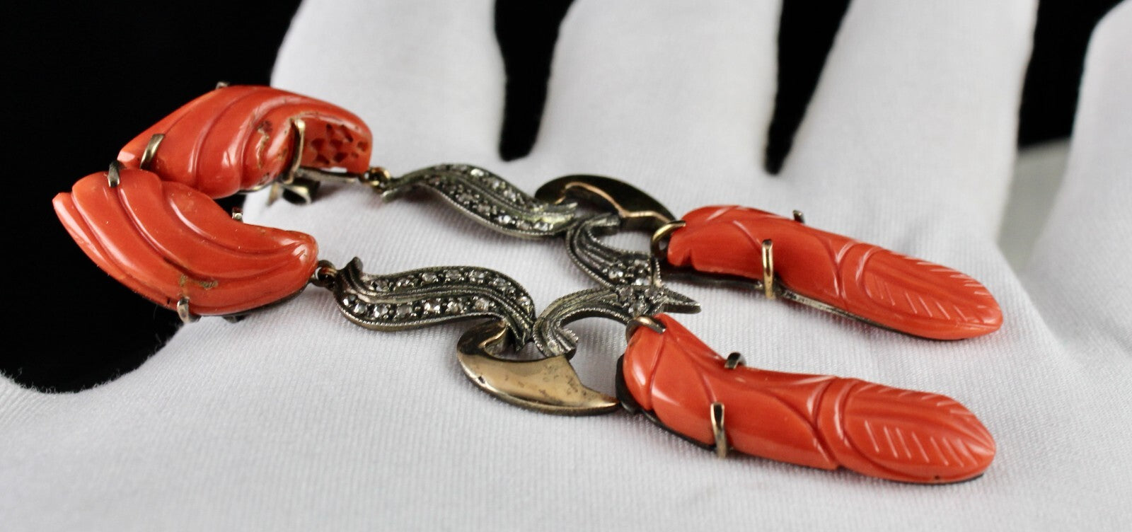 Estate Red Coral 10ct Natural Diamond 18k Gold 925 Sterling Silver Earrings