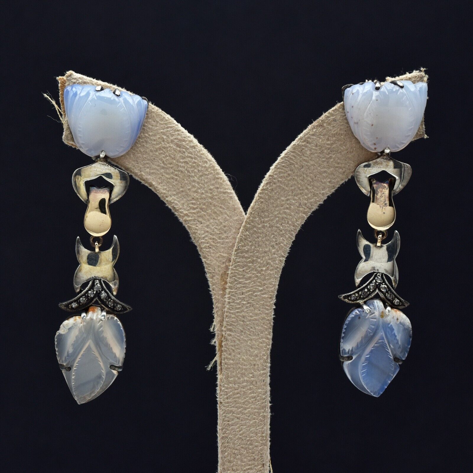 Vintage Blue Chalcedony Carved Diamond 18K Gold Silver Dangle Victorian Earring