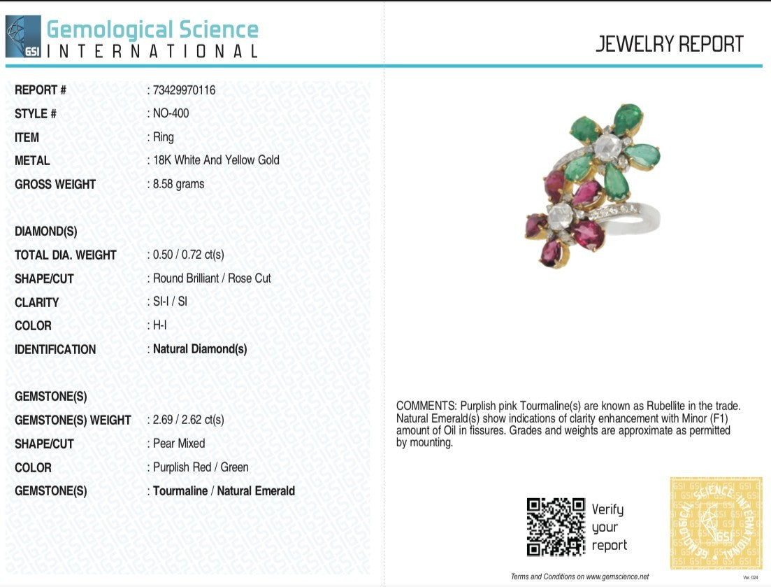 Certified Natural Emerald Rubellite Diamond 10ct 18k Gold Flower Cocktail Ring