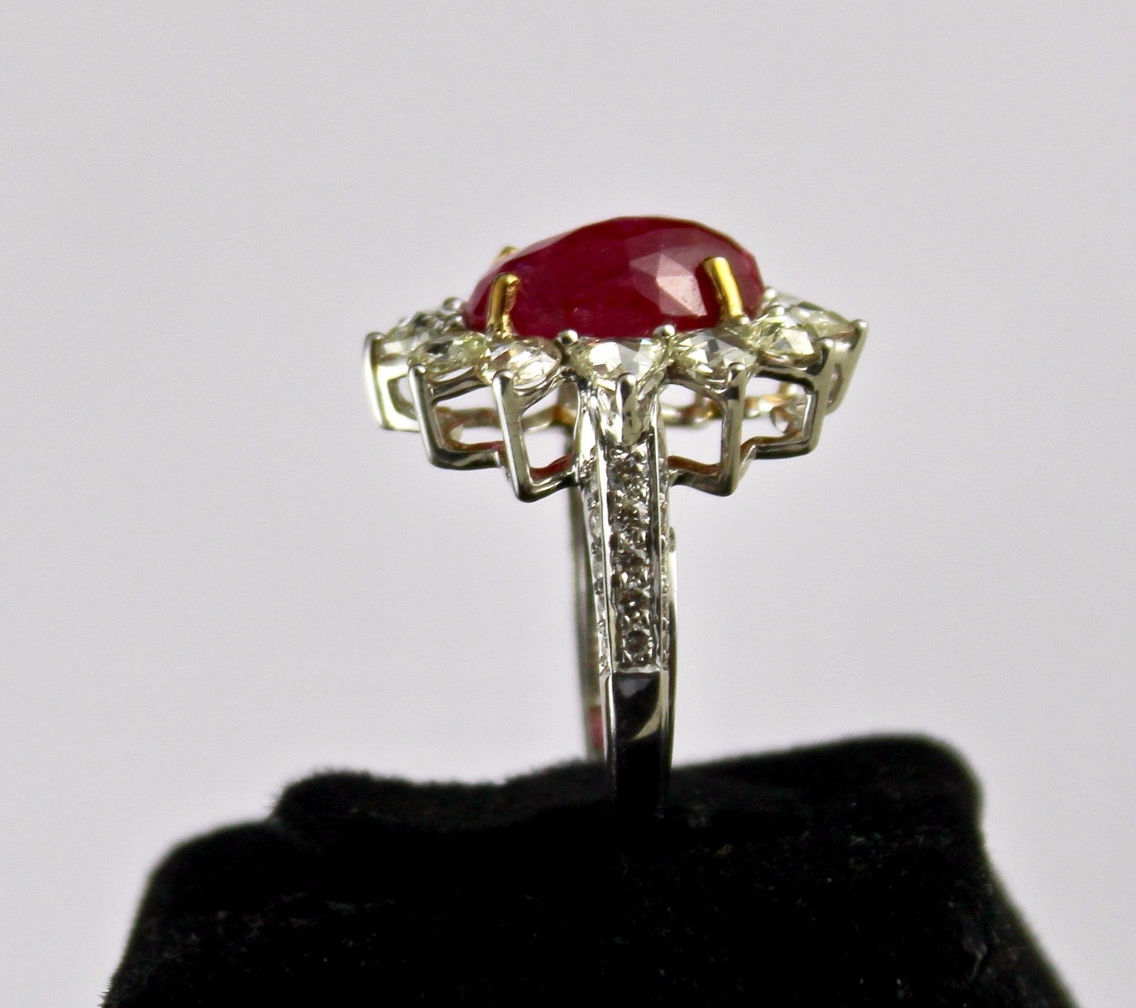 Certified Natural Burma Ruby Cabochon 10ct Diamond 18k White Gold Ring