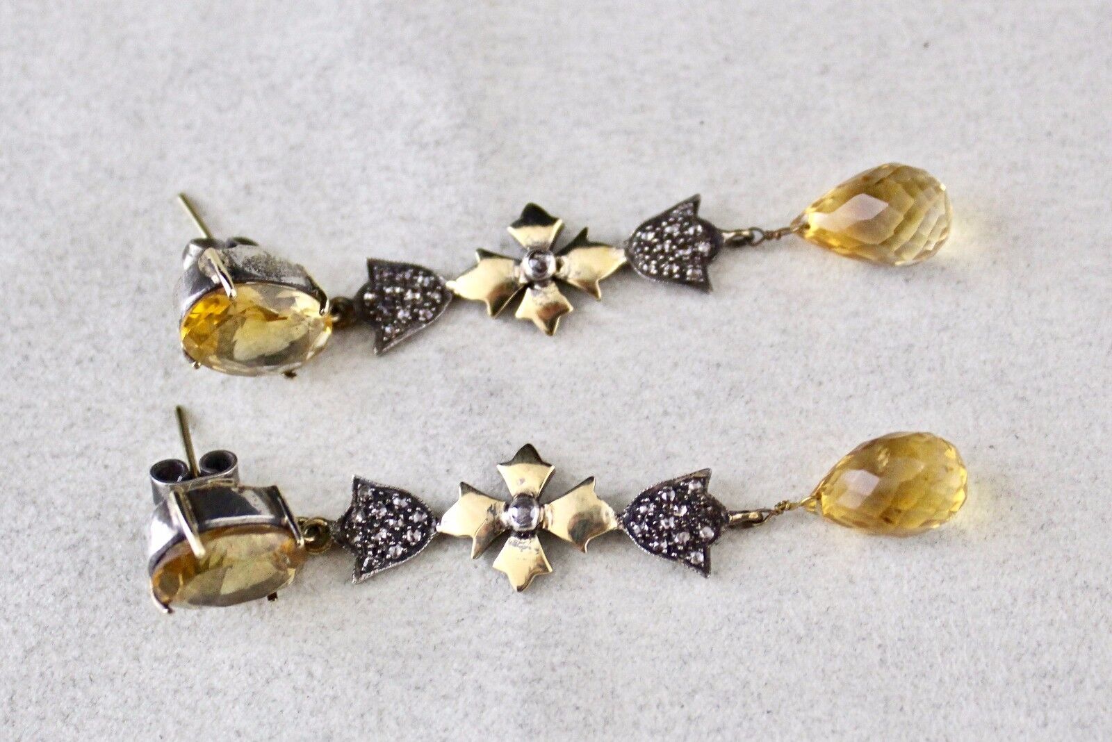YELLOW CITRINE CUT DROP GEMSTONE DIAMOND 18K GOLD 925 SILVER VICTORIAN