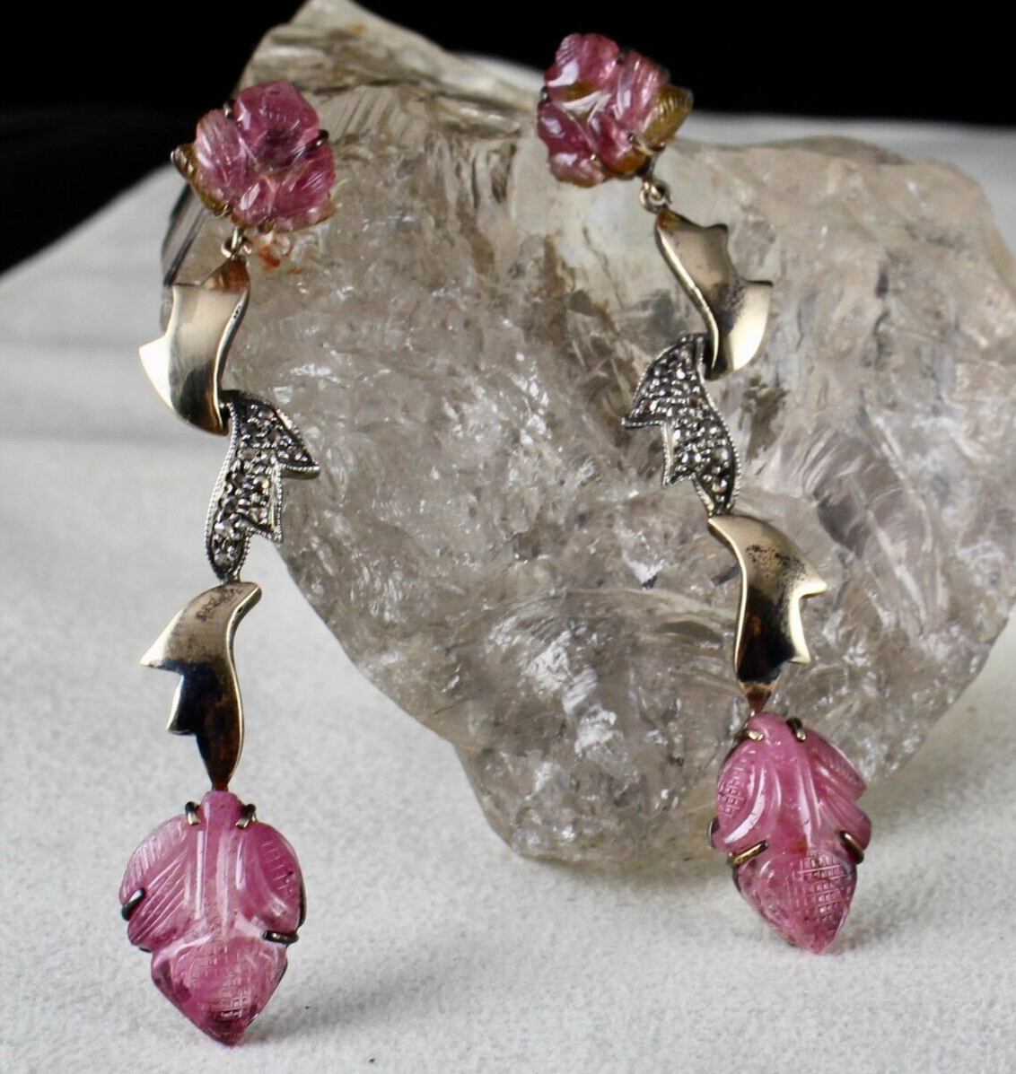 NAURAL PINK TOURMALINE CARVED DIAMOND 18K GOLD 925 SILVER VICTORIAN EARRING