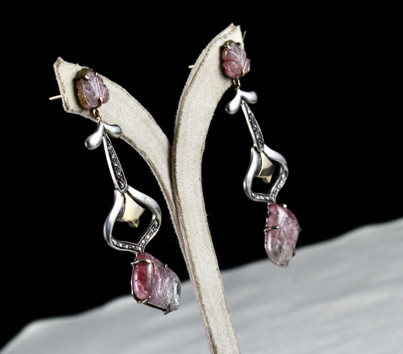 Natural Multi Tourmaline Carved Diamond 18K Gold Silver Victorian Fine Earring