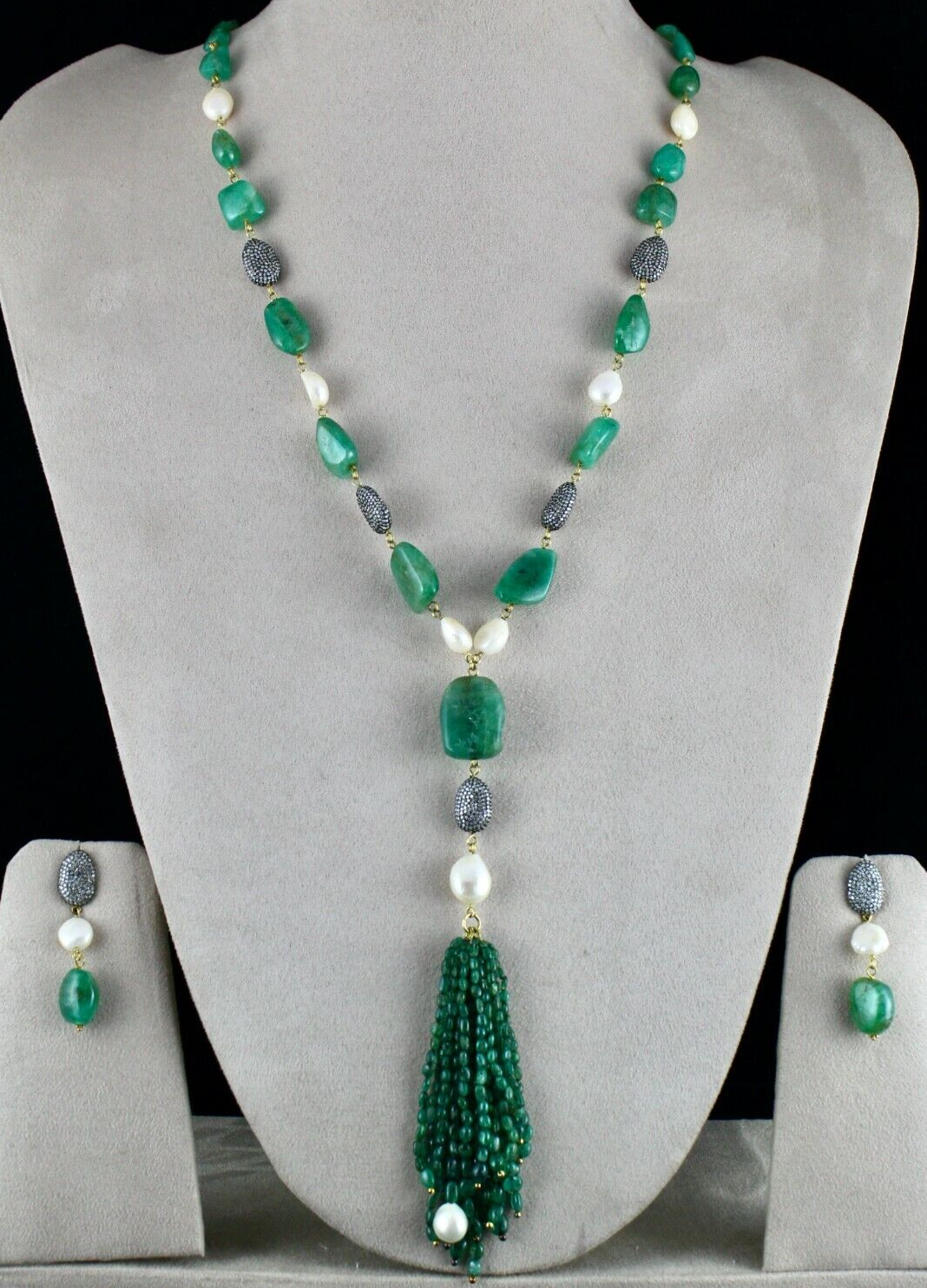 Certified Natural Emerald Beads 10ct Diamond Pearl 18k Gold Necklace Set