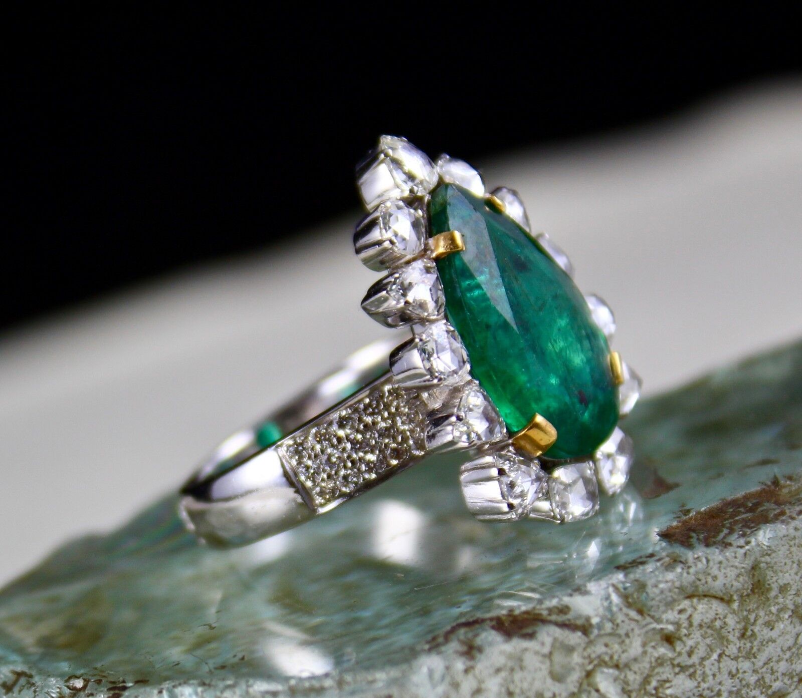 Natural Zambian Emerald Pear Cut Rose Cut Diamond 18K Gold Cocktail Ring