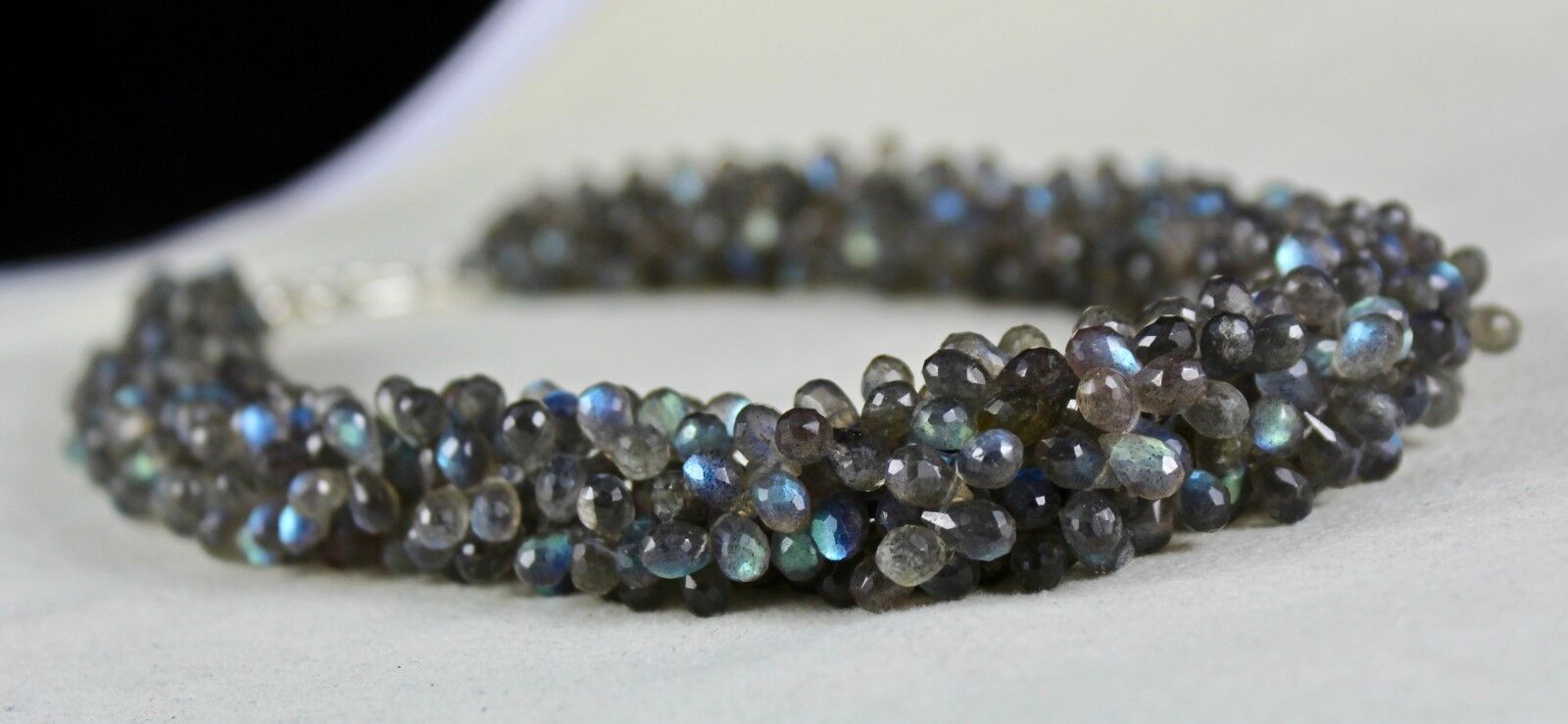 NATURAL LABRADORITE BEADS TEARDROPS 4 LINE 561 CARATS GEMSTONE SILVER NECKLACE