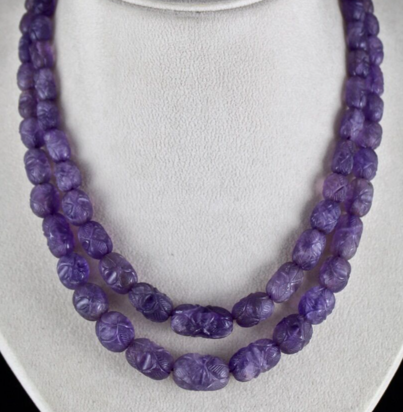 Certified Natural Amethyst 608ct Carved Beads Necklace Sterling Silver Hook