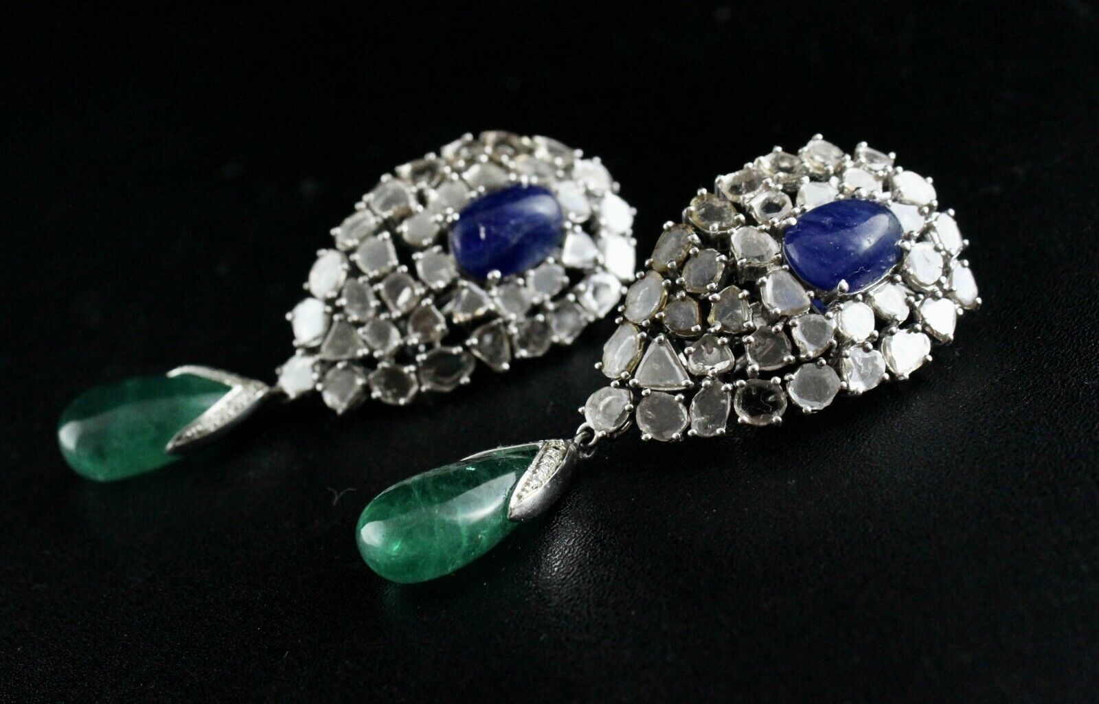 Natural Blue Sapphire Emerald Cabochon Diamond 18K Gold Classic dangle Earring