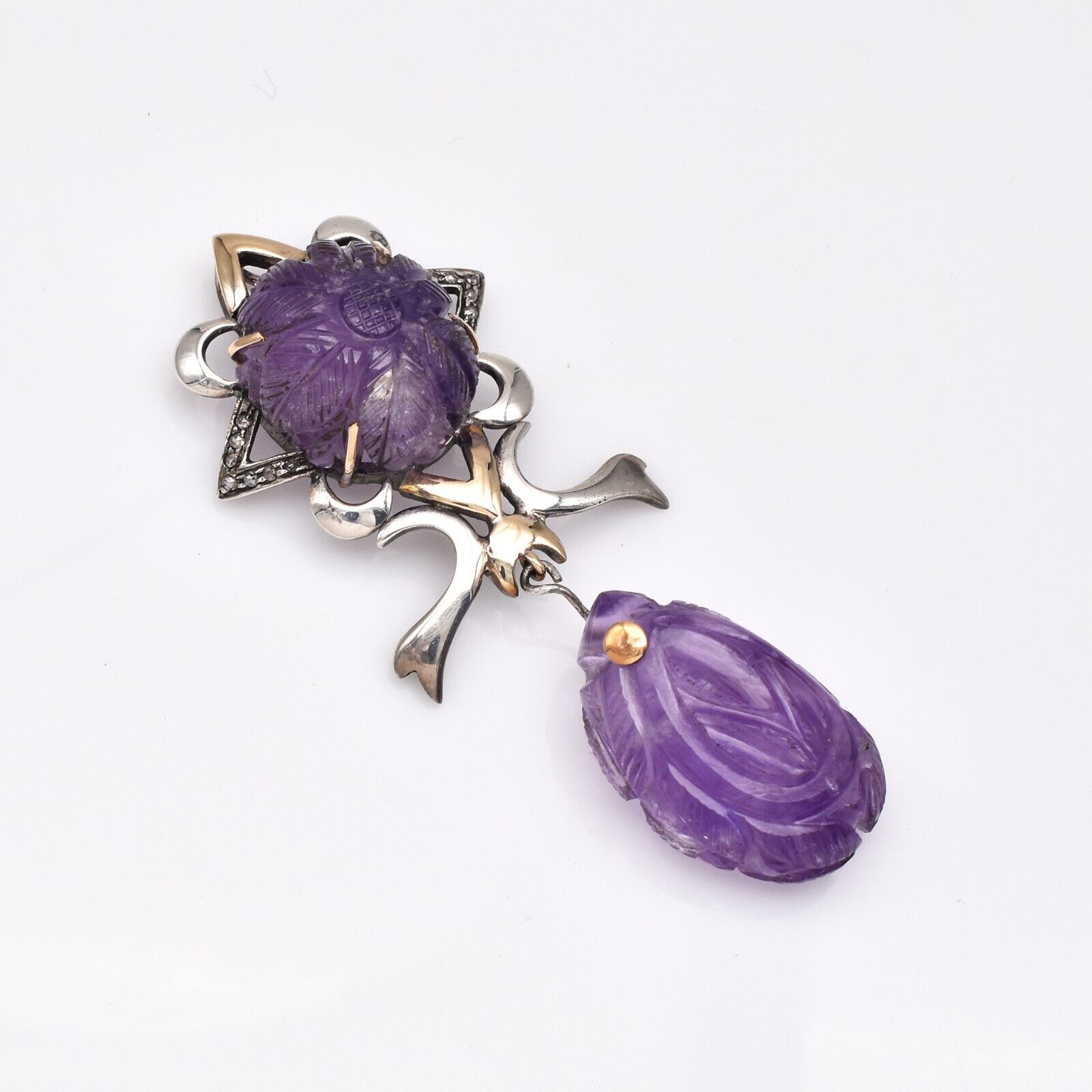 Vintage Natural Amethyst Engraved Diamond 18K Gold 925 Silver Victorian Pendant