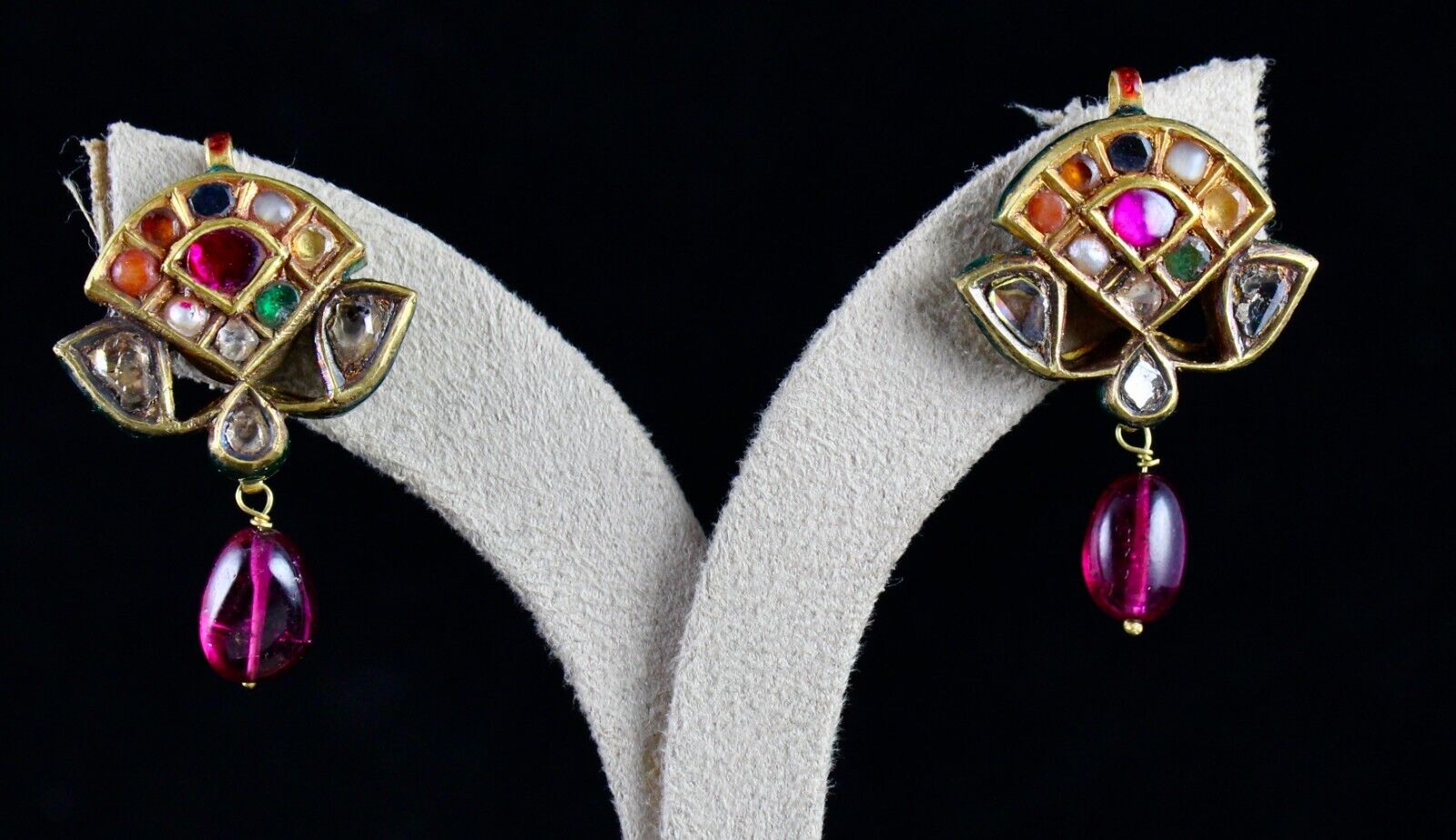 Fine Diamond Cut Navratan Stone 22k Yellow Gold Jadau Indian Style Stud Earring