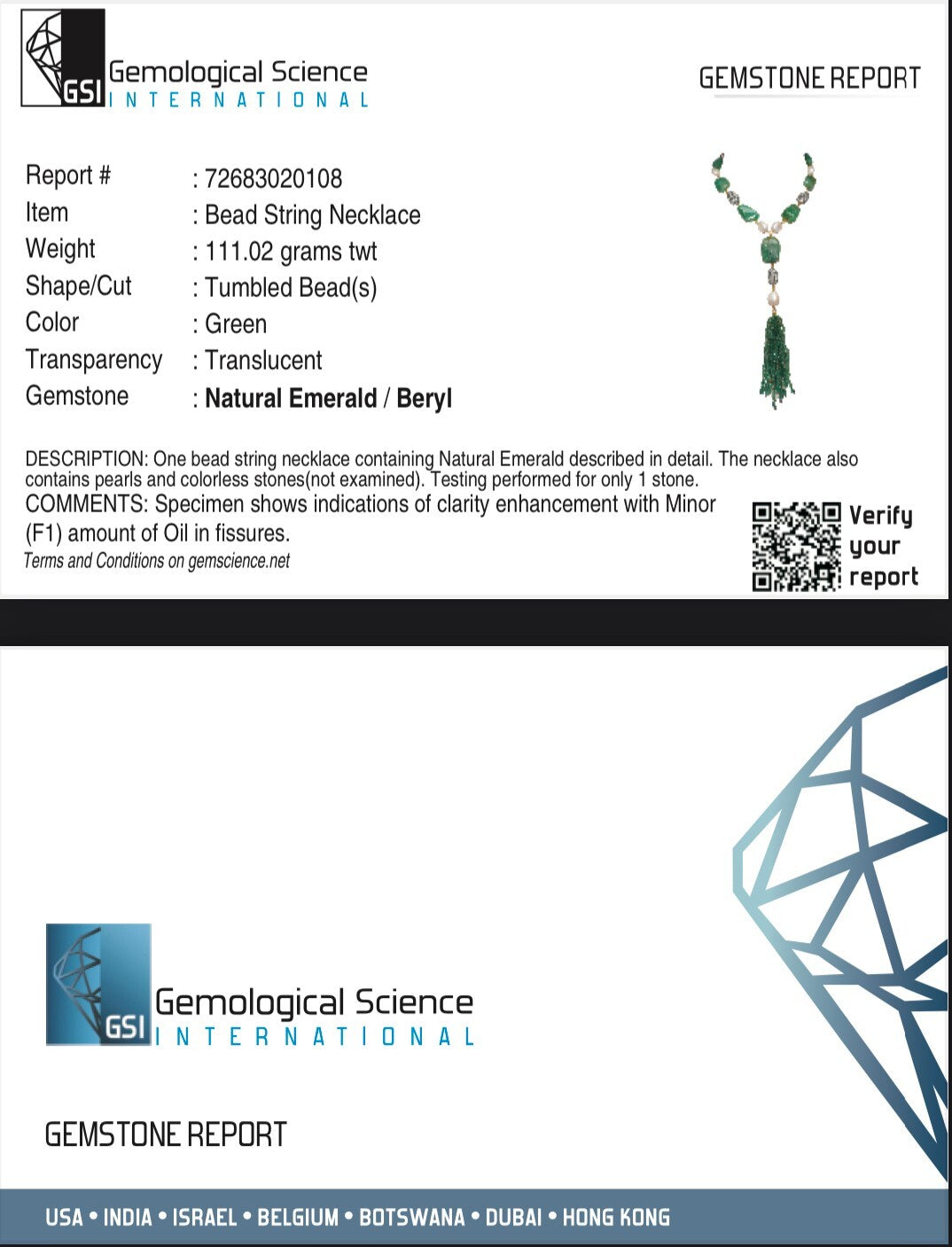 Certified Natural Emerald Beads 10ct Diamond Pearl 18k Gold Necklace Set