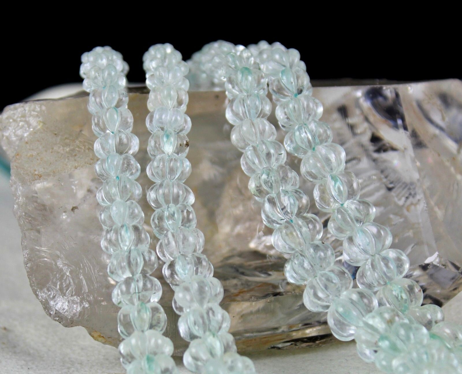 NATURAL AQUAMARINE BEADS CARVED 2 LINE 545 CARATS LADIES GEMSTONE MELON NECKLACE