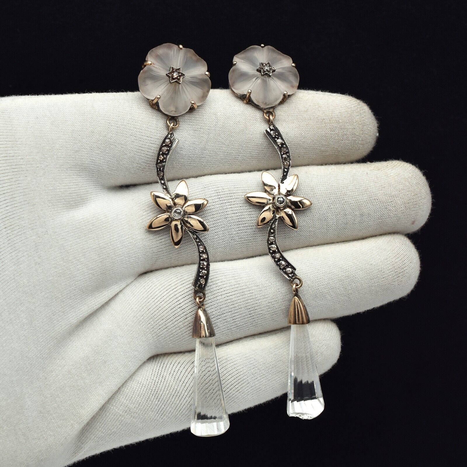 Natural Rock Crystal Quartz Carved Diamond 18K Gold & Silver Victorian Earring