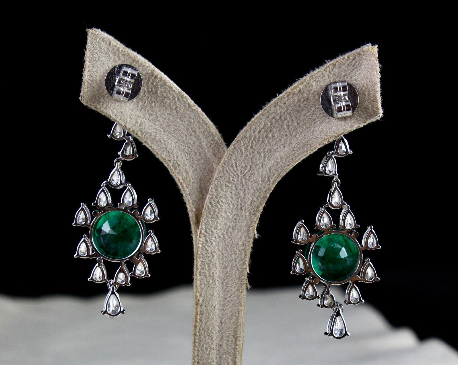 Natural Zambian Emerald Pair White Diamond Cut 18k Gold Dangle Important Earring