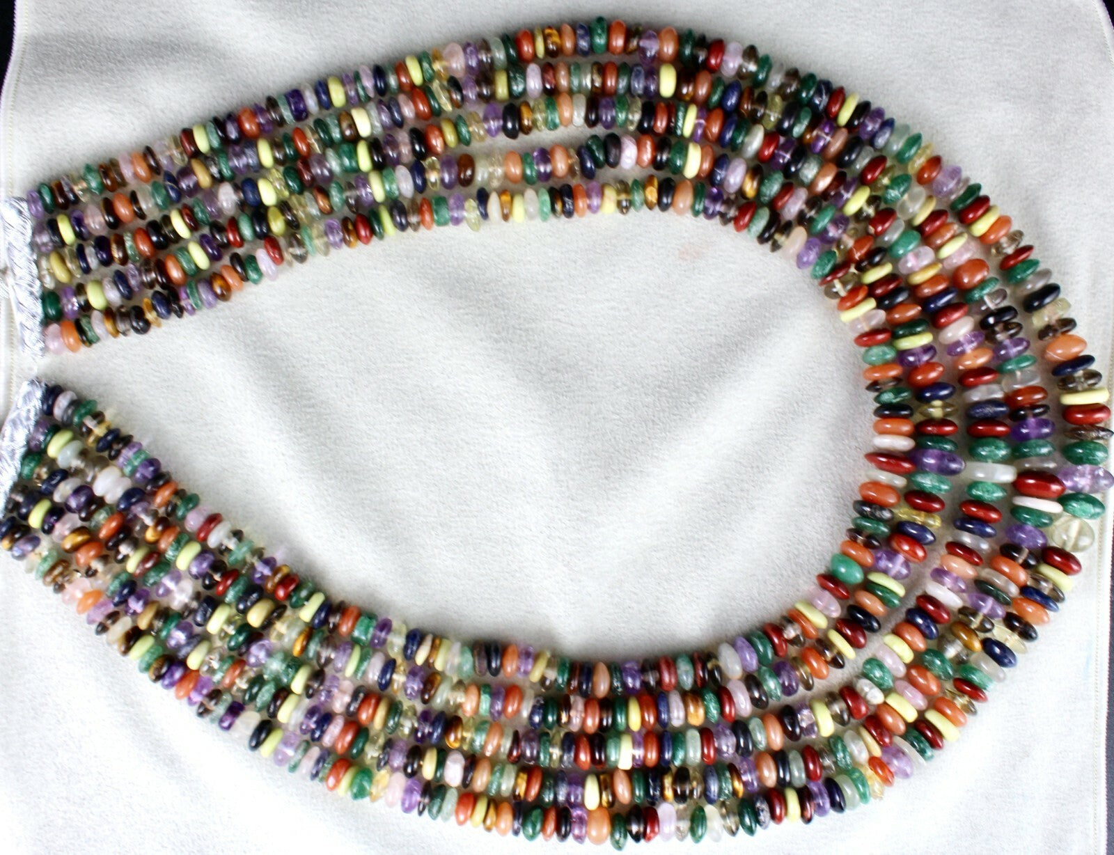 Old Natural Multi Semi Precious Beads 1897 Ct Gemstone Button Necklace 5 Line