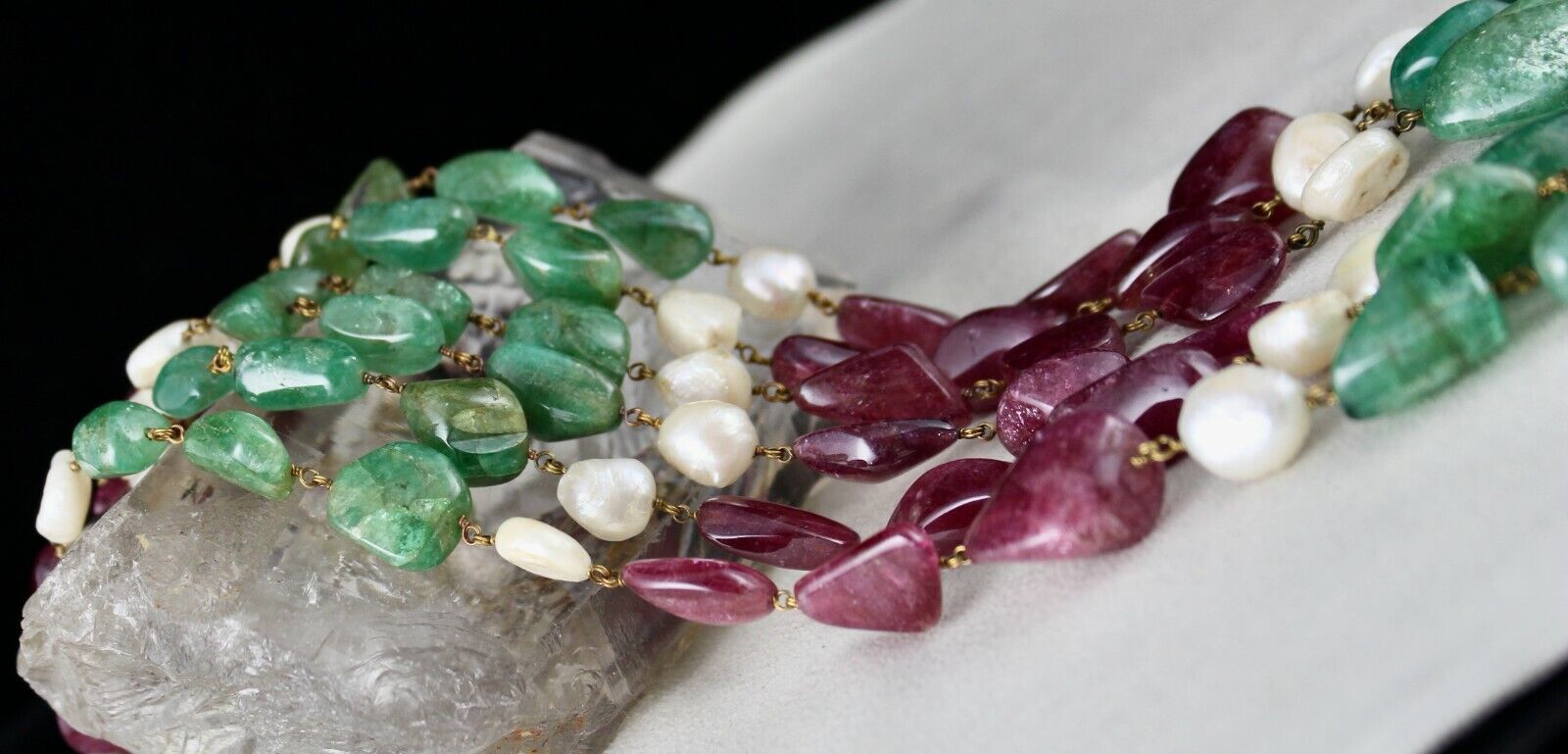 NATURAL EMERALD PINK TOURMALINE BEADS 940 CARATS PEARL 18K GOLD LADIES NECKLACE