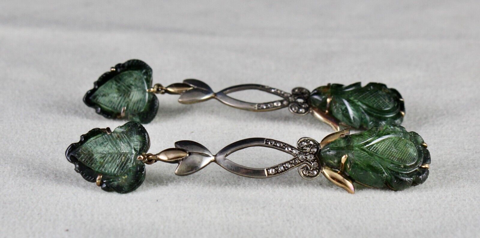 Natural Green Tourmaline Stone Diamond 18k Gold Silver Dangle Victorian Earring