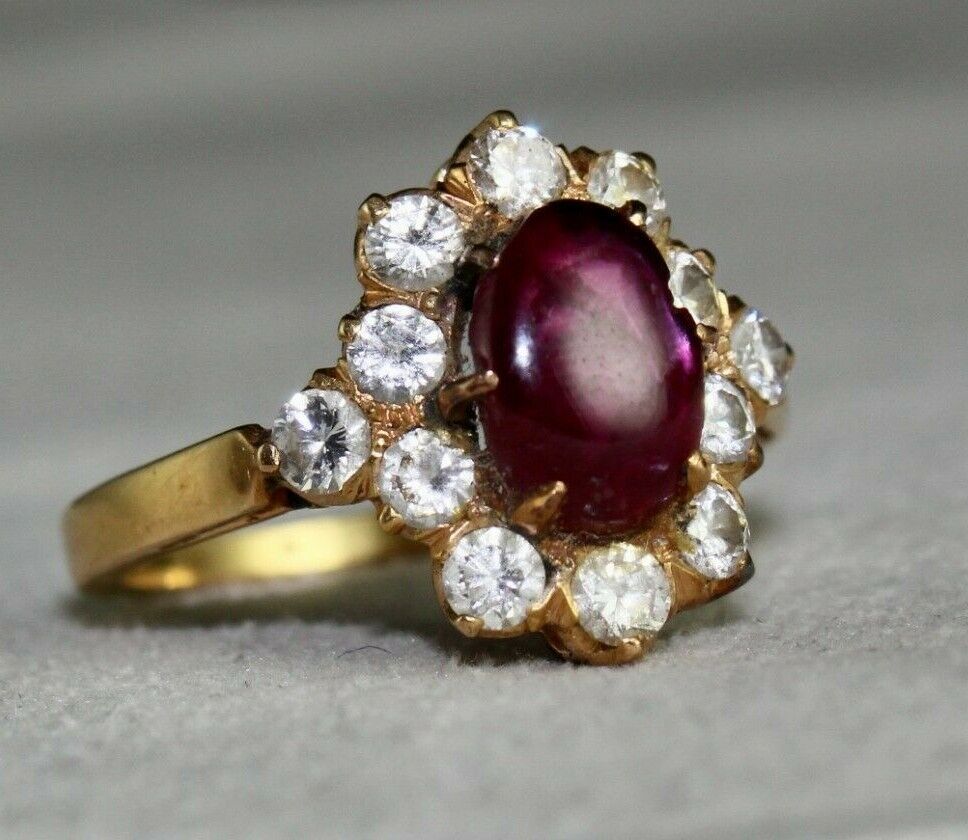 Old Natural Ruby Star Ring 18K Gold Diamond Untreated Stone Cabochon Designing