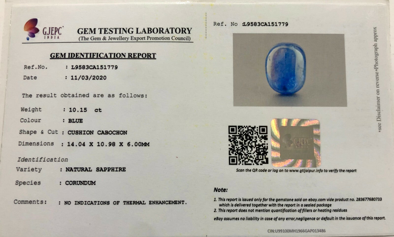 Certified Gtl Natural Blue Sapphire Cabochon Oval 10.15ct Gemstone Ring Pendant