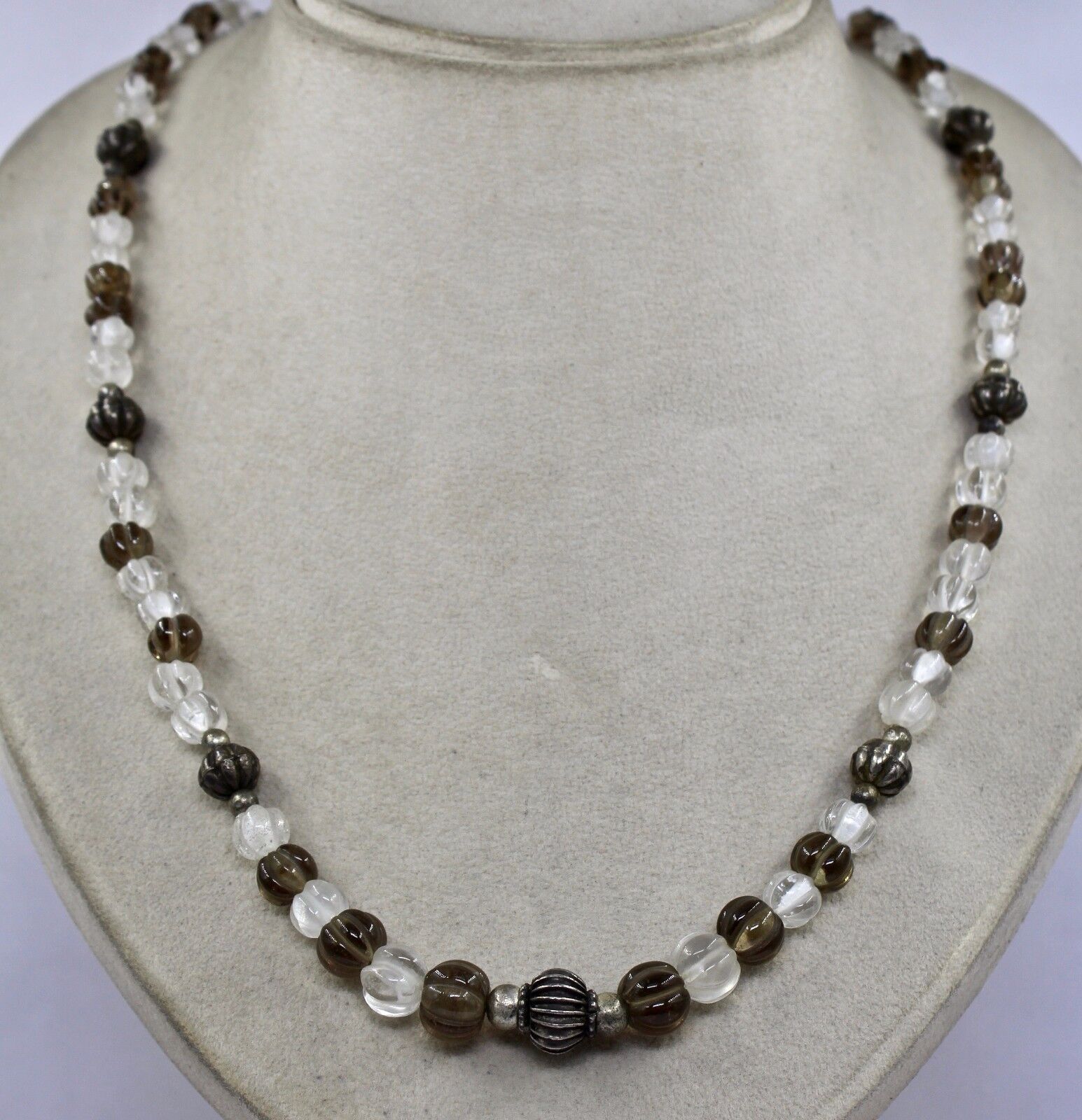 ESTATE SMOKY & CRYSTAL QUARTZ 925 STERLING SILVER BEADS 25"LONG FASHION NECKLACE