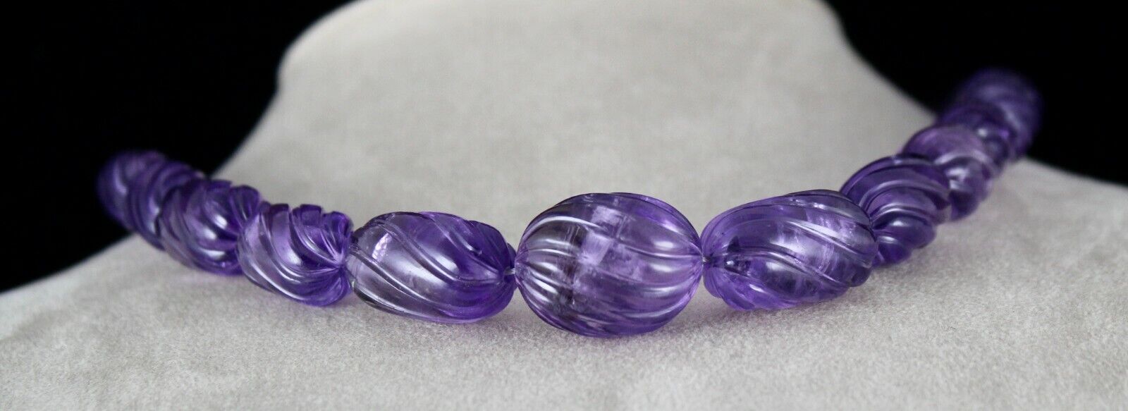 Natural Amethyst Beads Carved Oval Melon 737 Ct Gemstone Silver Vintage Necklace