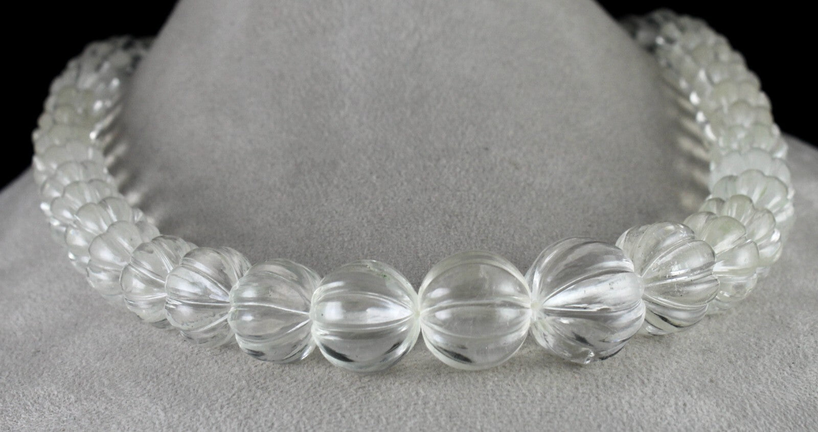 Sterling Silver Natural Rock Crystal Quartz Melon Beaded Necklace 1169 Ct