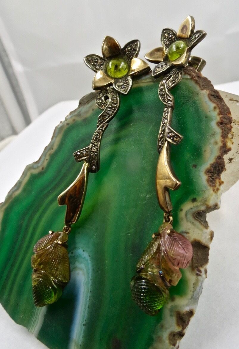Natural Multi Tourmaline Carved Diamond 18 K Gold 925 Silver Victorian Earring