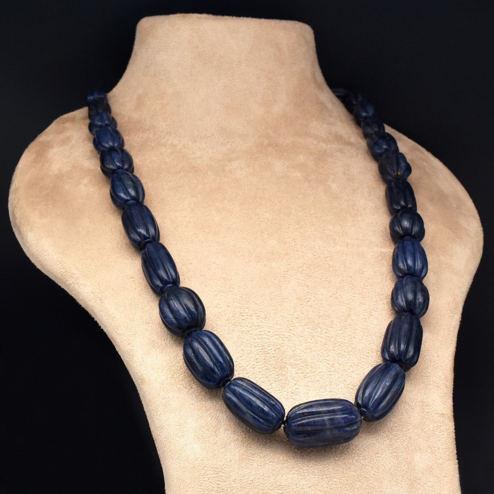 Vintage Blue Jade 861 Ct Long Carved Beads Necklace Sterling Silver Hook