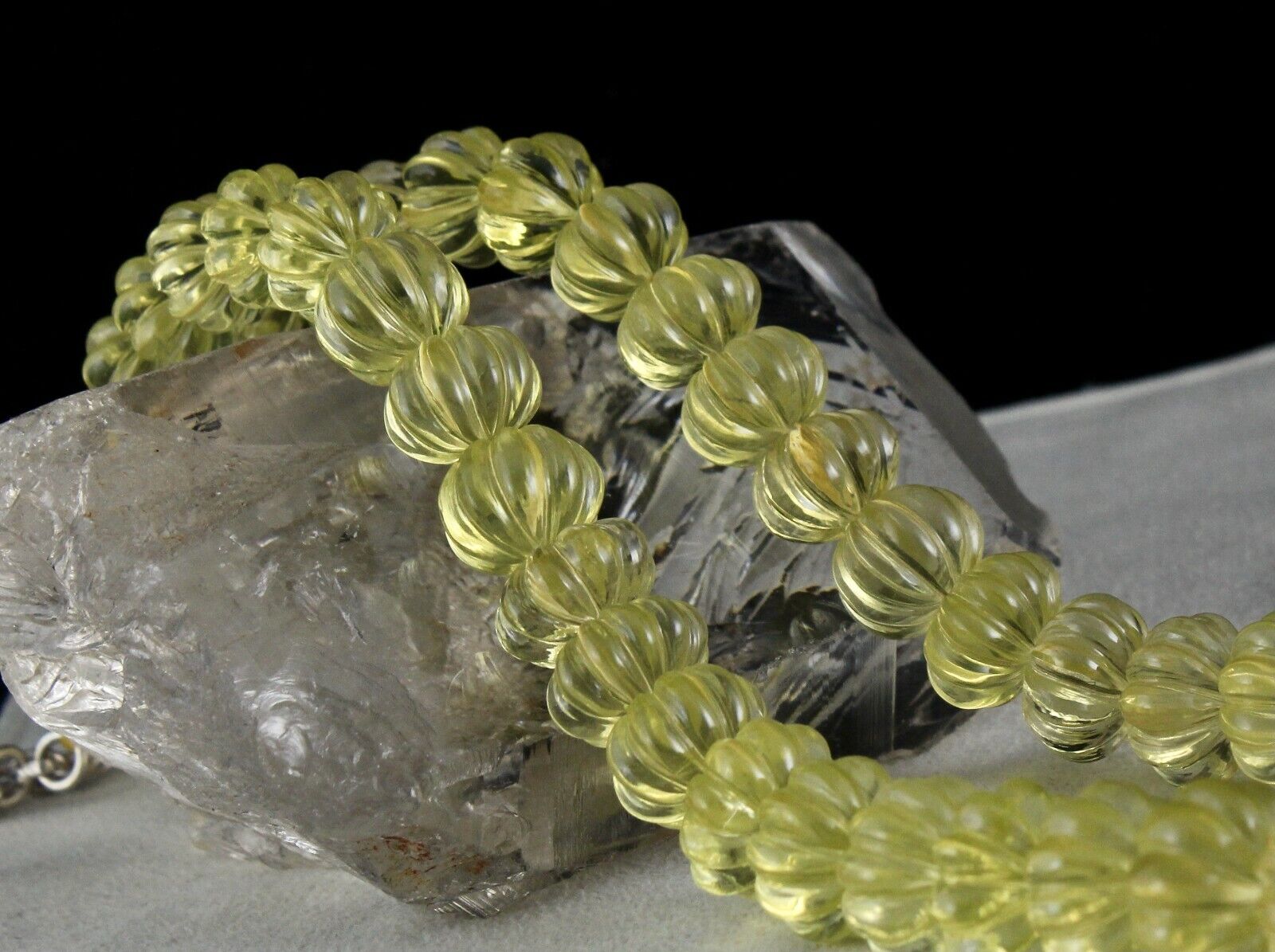 NATURAL LEMON QUARTZ BEADS MELON CARVED 820 CTS SEMI PRECIOUS GEMSTONE NECKLACE