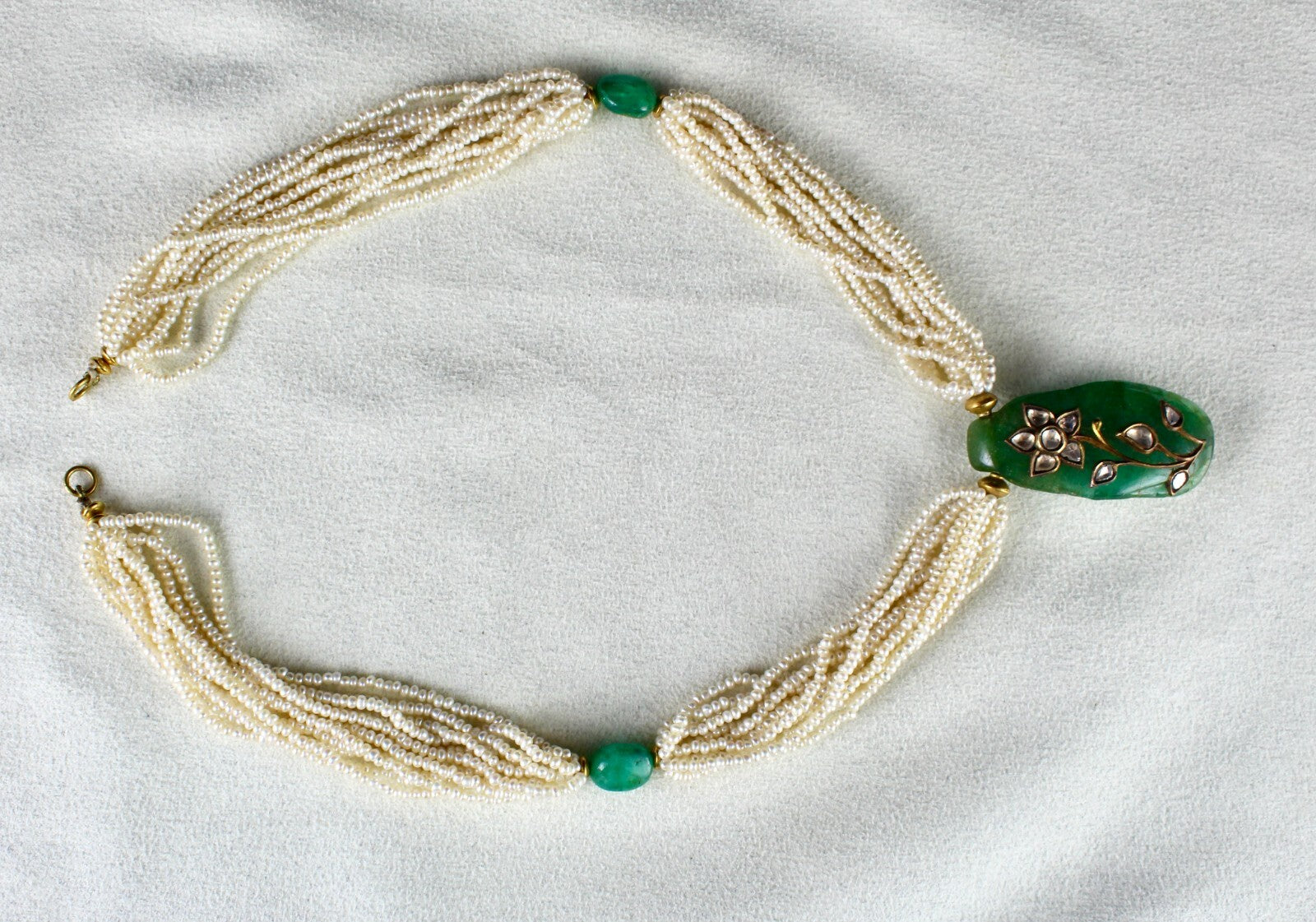 Certified Natural Emerald Cabochon 55ct Jadau Diamond 22k Gold Pearl Necklace