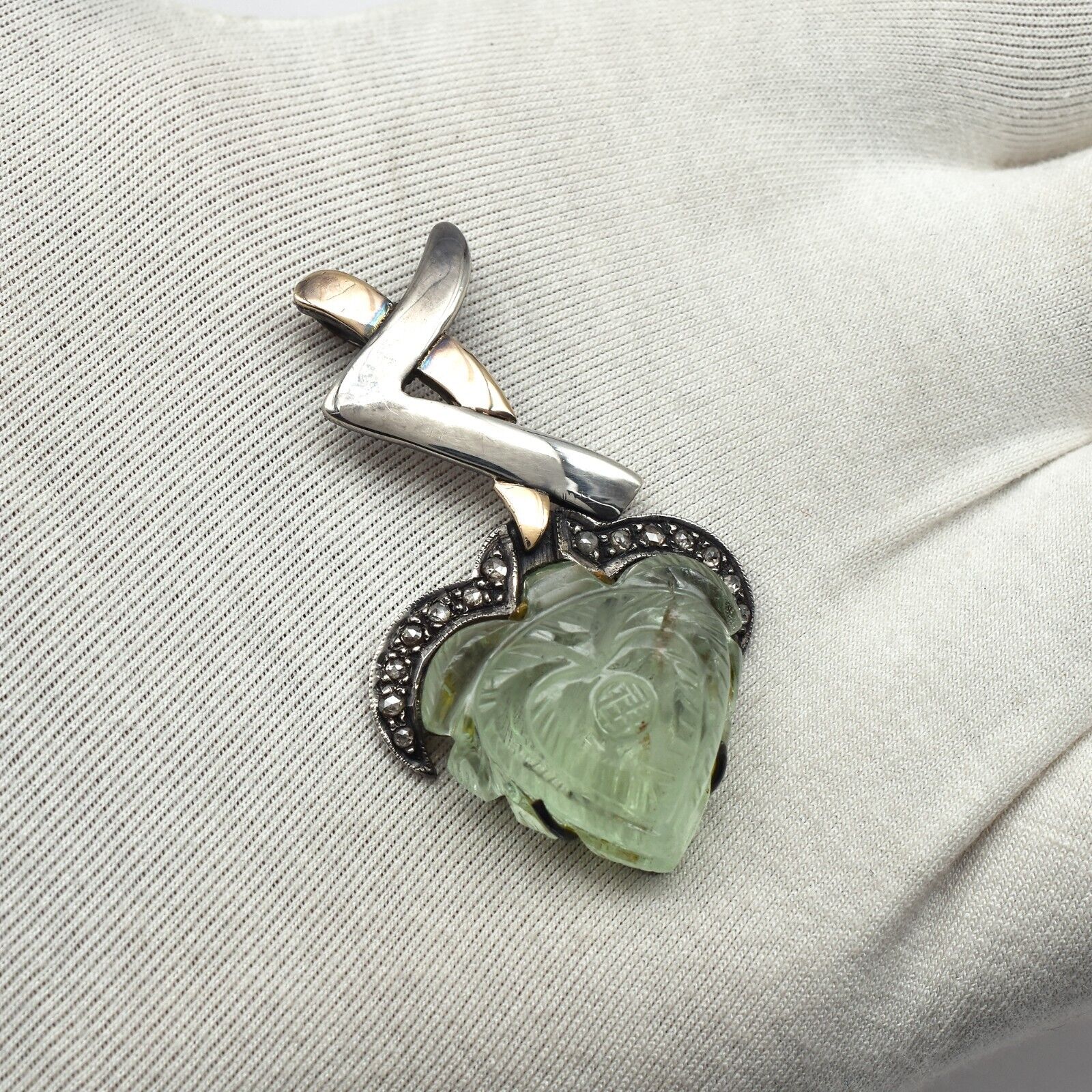 Natural Green Aquamarine Engraved 18K Gold Diamond 925 Silver Victorian Pendant