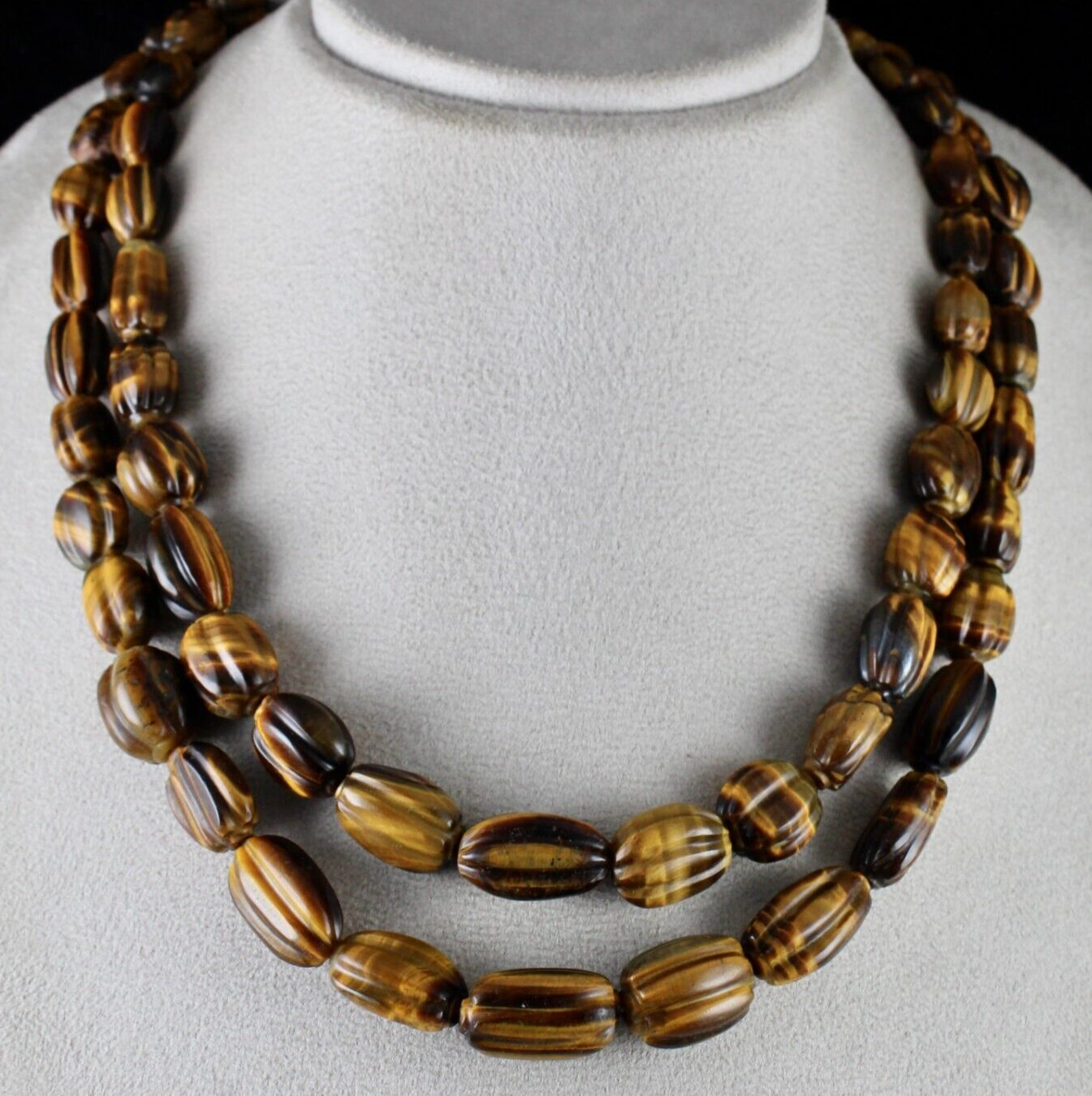 NATURAL TIGER'S EYE BEADS CARVED 2 LINE 785 CTS GEMSTONE LADIES ANTIQUE NECKLACE