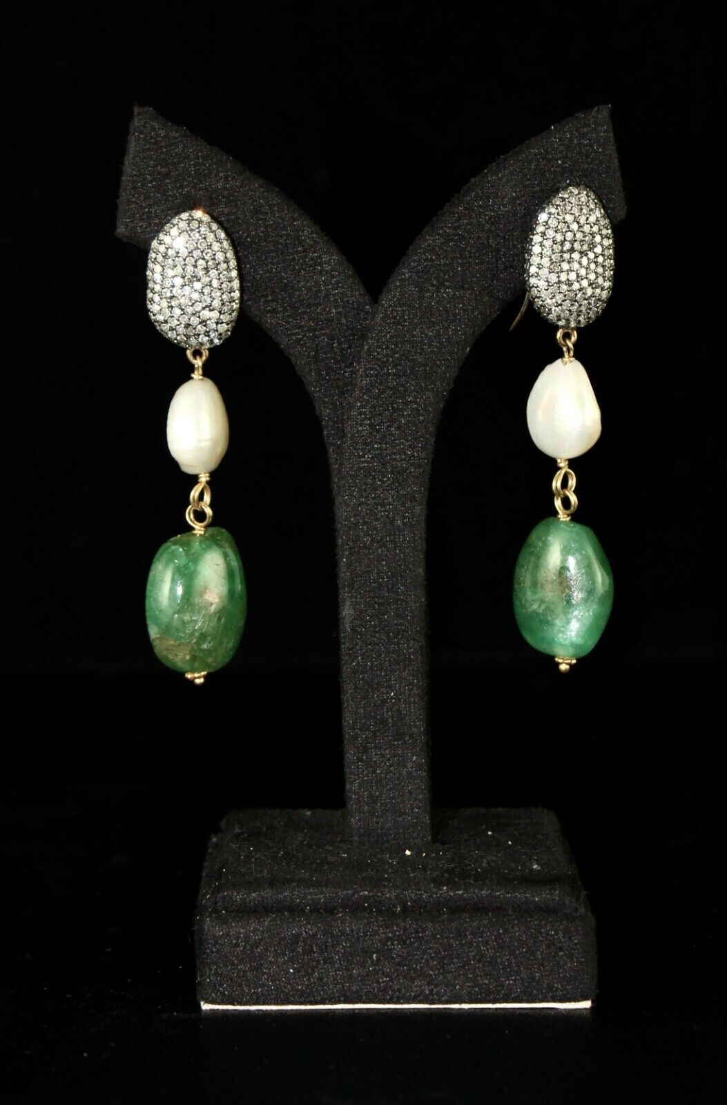 ESTATE NATURAL EMERALD TUMBLE BEADS DIAMOND PEARL 18K GOLD NECKLACE EARRING SET