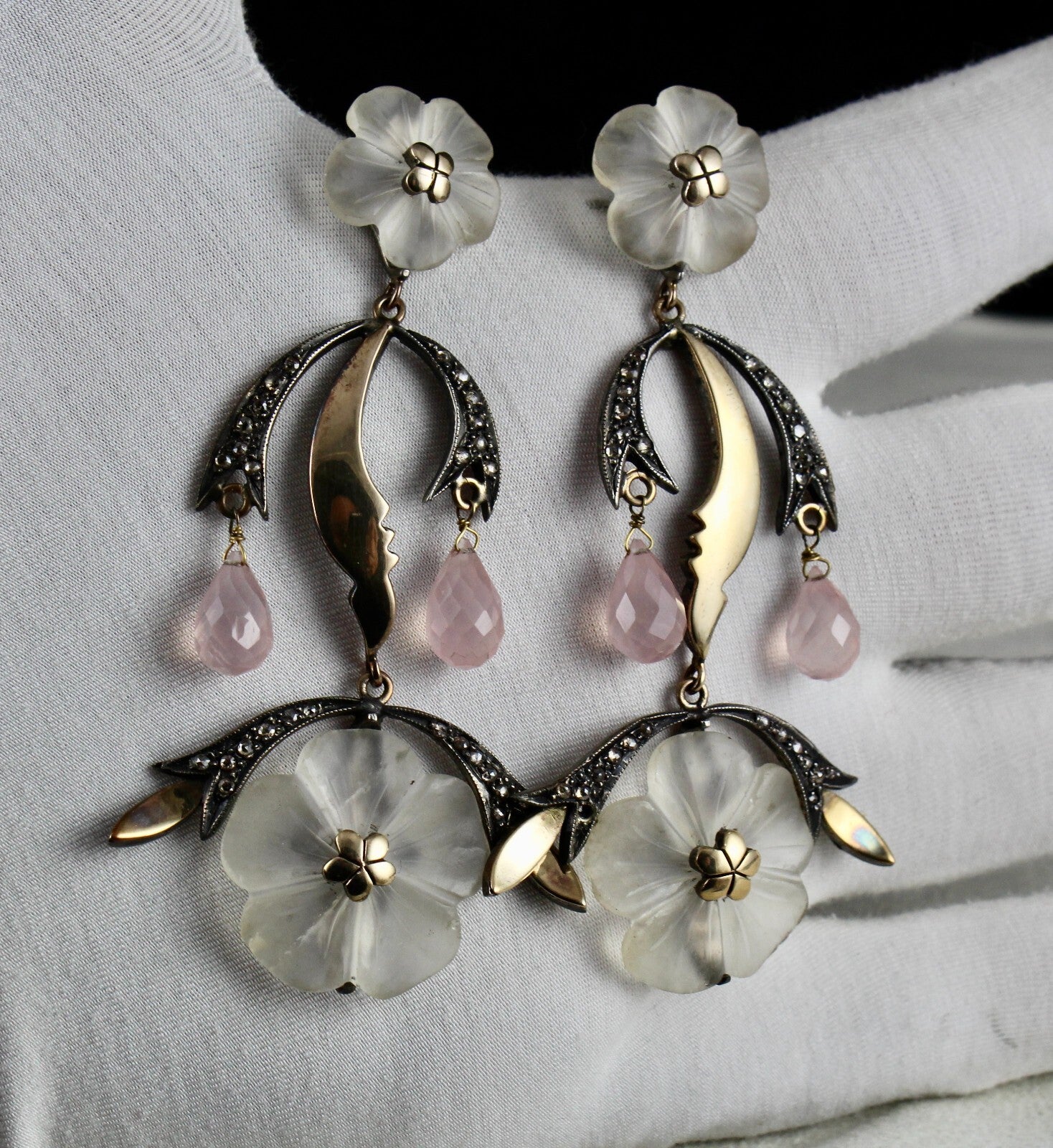 Natural Crystal & Rose Quartz 162.5ct Diamond 18k Gold Sterling Silver Earring