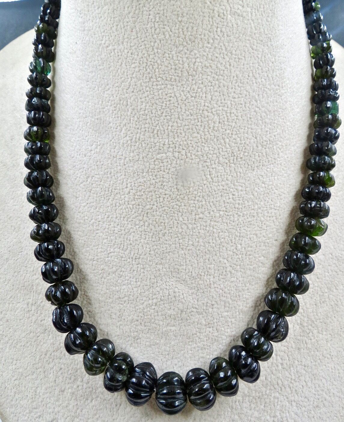 NATURAL BLACK TOURMALINE BEADS CARVED MELON 285 CARATS GEMSTONE SILVER NECKLACE