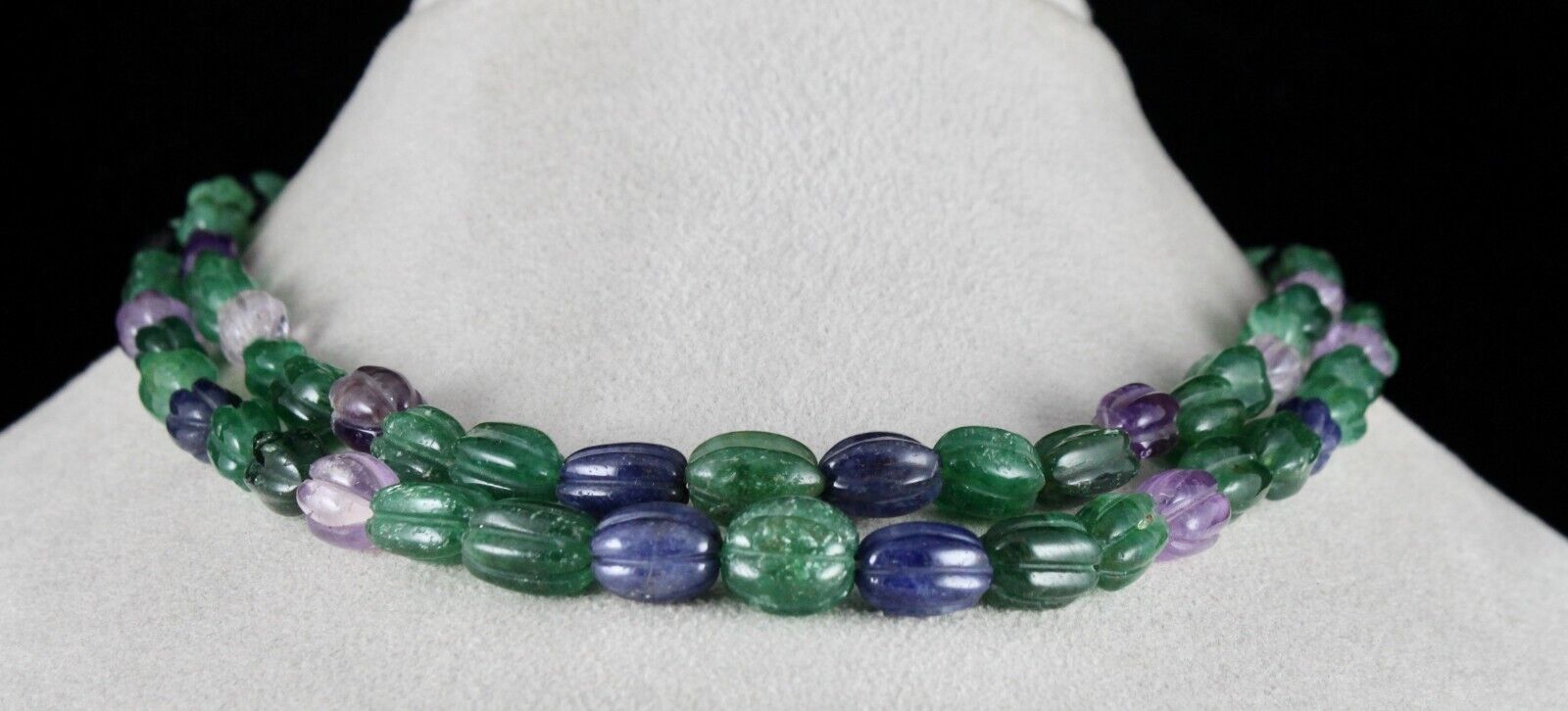 MULTI MIX CARVED SEMI-PRECIOUS BEADS 2 LINE 397 CARATS GEMSTONE FASHION NECKLACE