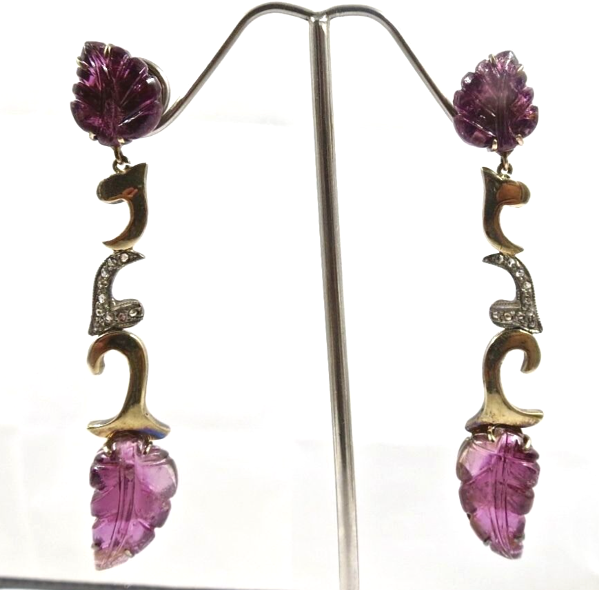 Estate Pink Tourmaline Carved Diamond 18K Gold Silver Victorian Dangle Earring