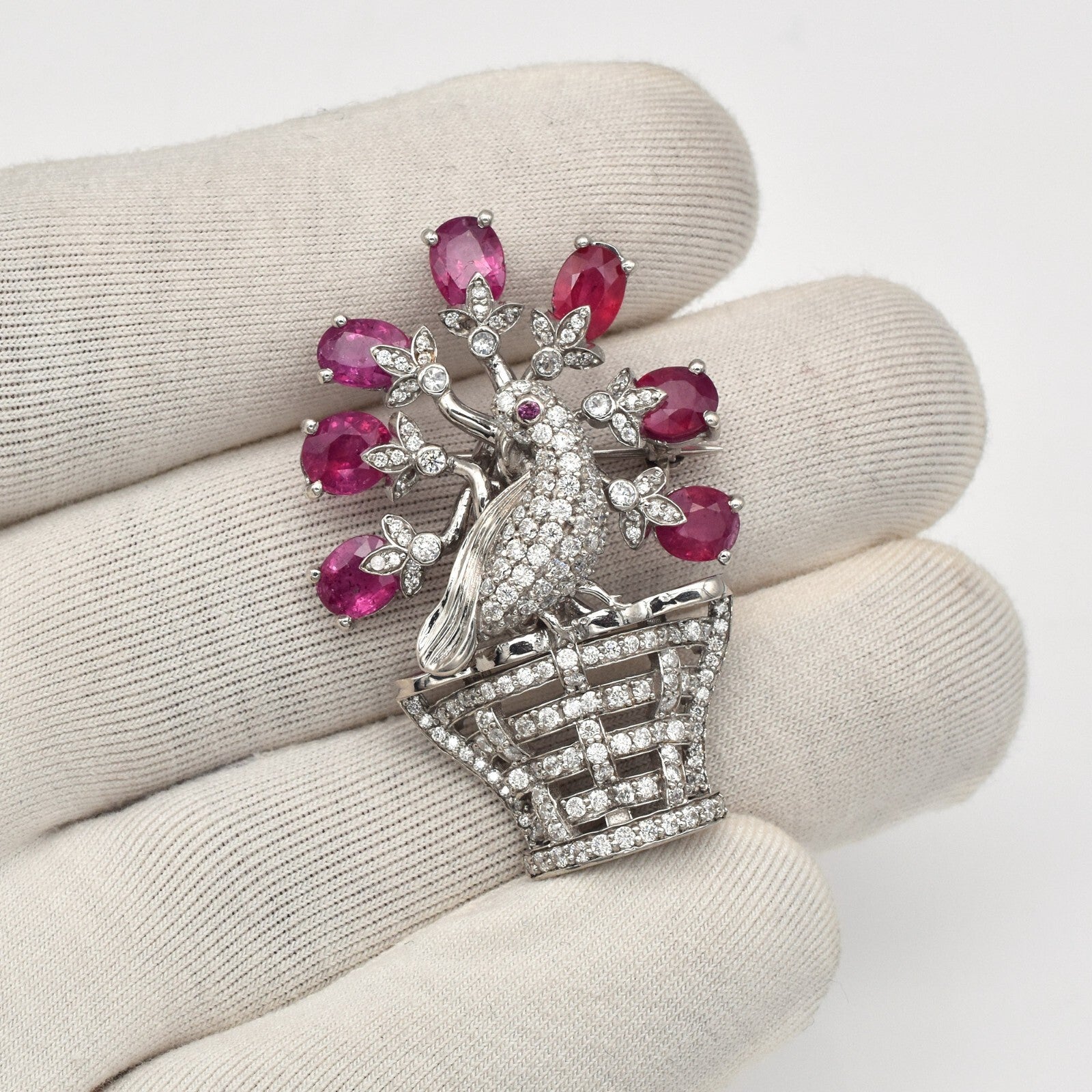 Certified Sterling Silver Peacock Ruby 10ct Mossianite Pendant Brooch Gift