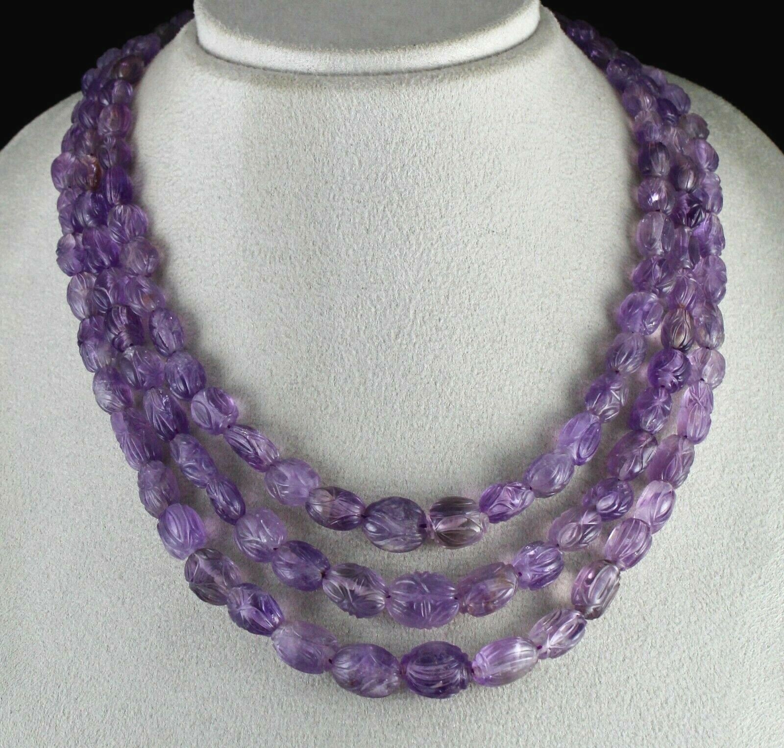 Antique Carved Amethyst Beads Necklace 716 Ct Sterling Silver 3 Line Gemstone