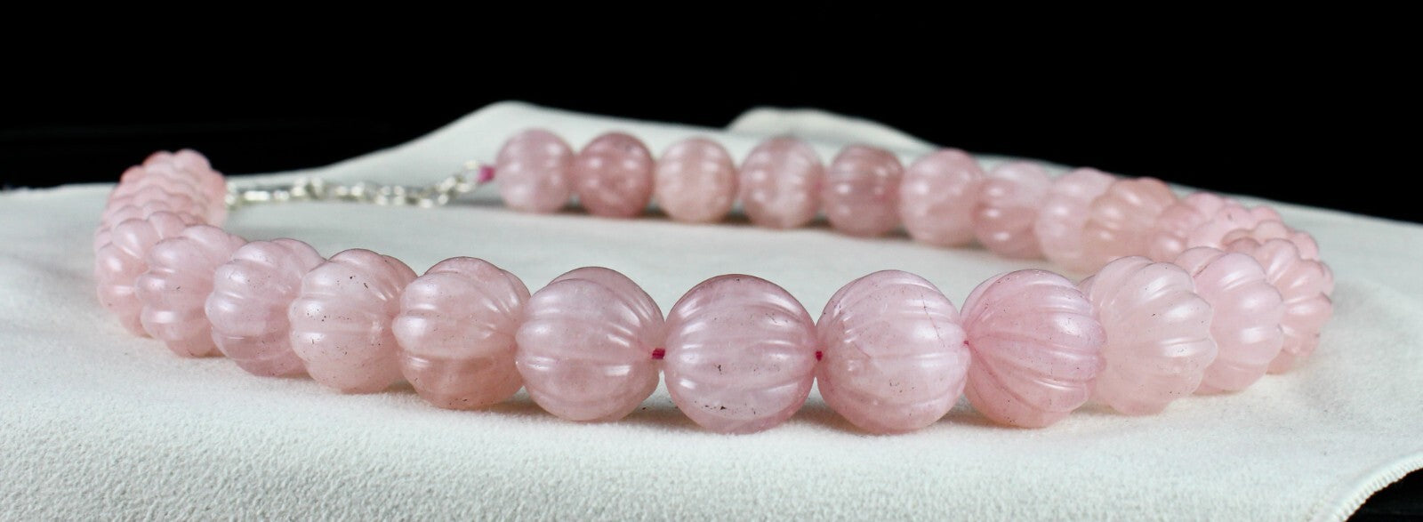 Natural Rose Quartz Melon Carved Beads Necklace 1185ct Gemstone Sterling Silver