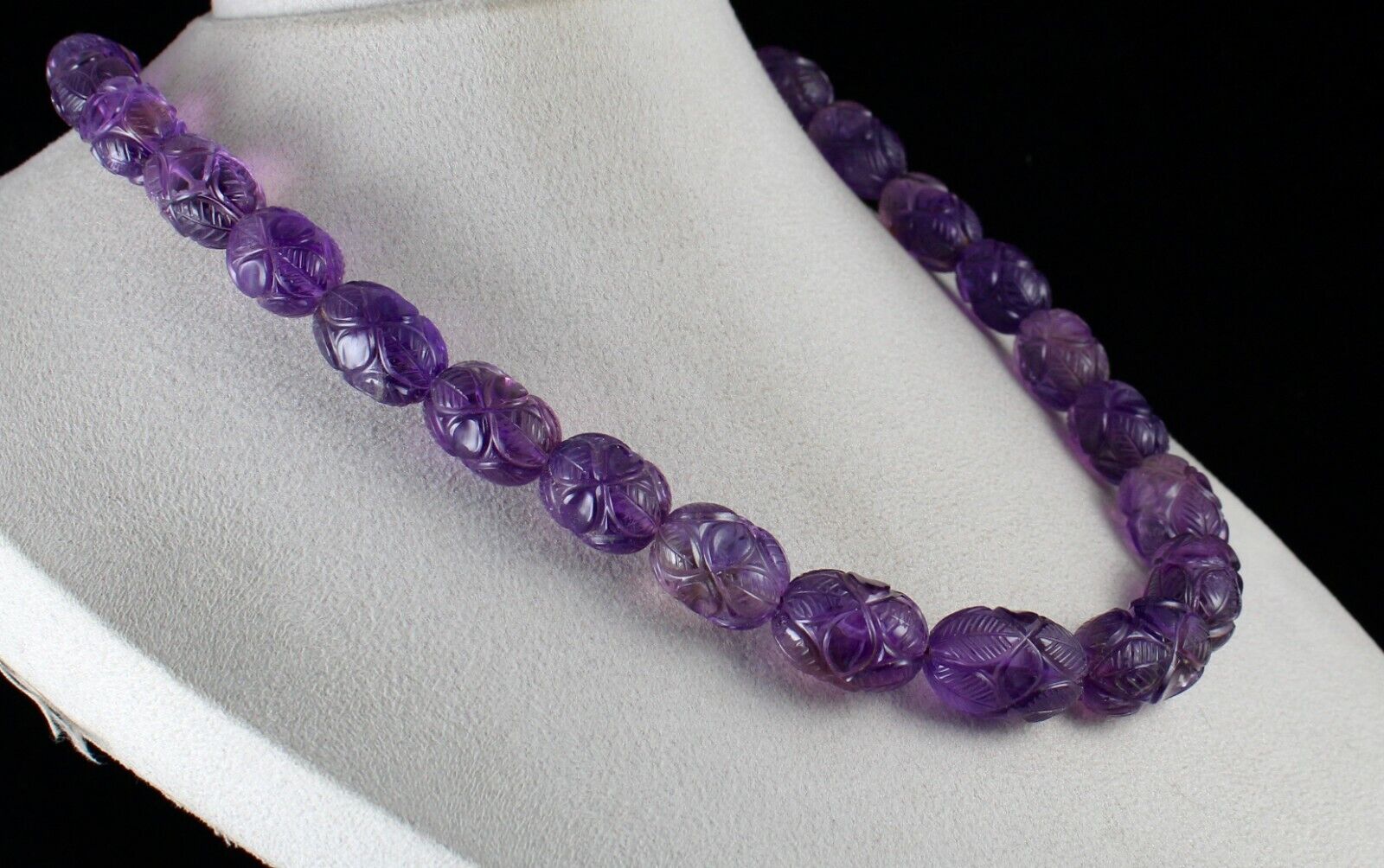 NATURAL AMETHYST ENGRAVED BEADS 955 CT PURPLE GEMSTONE SILVER VINTAGE NECKLACE