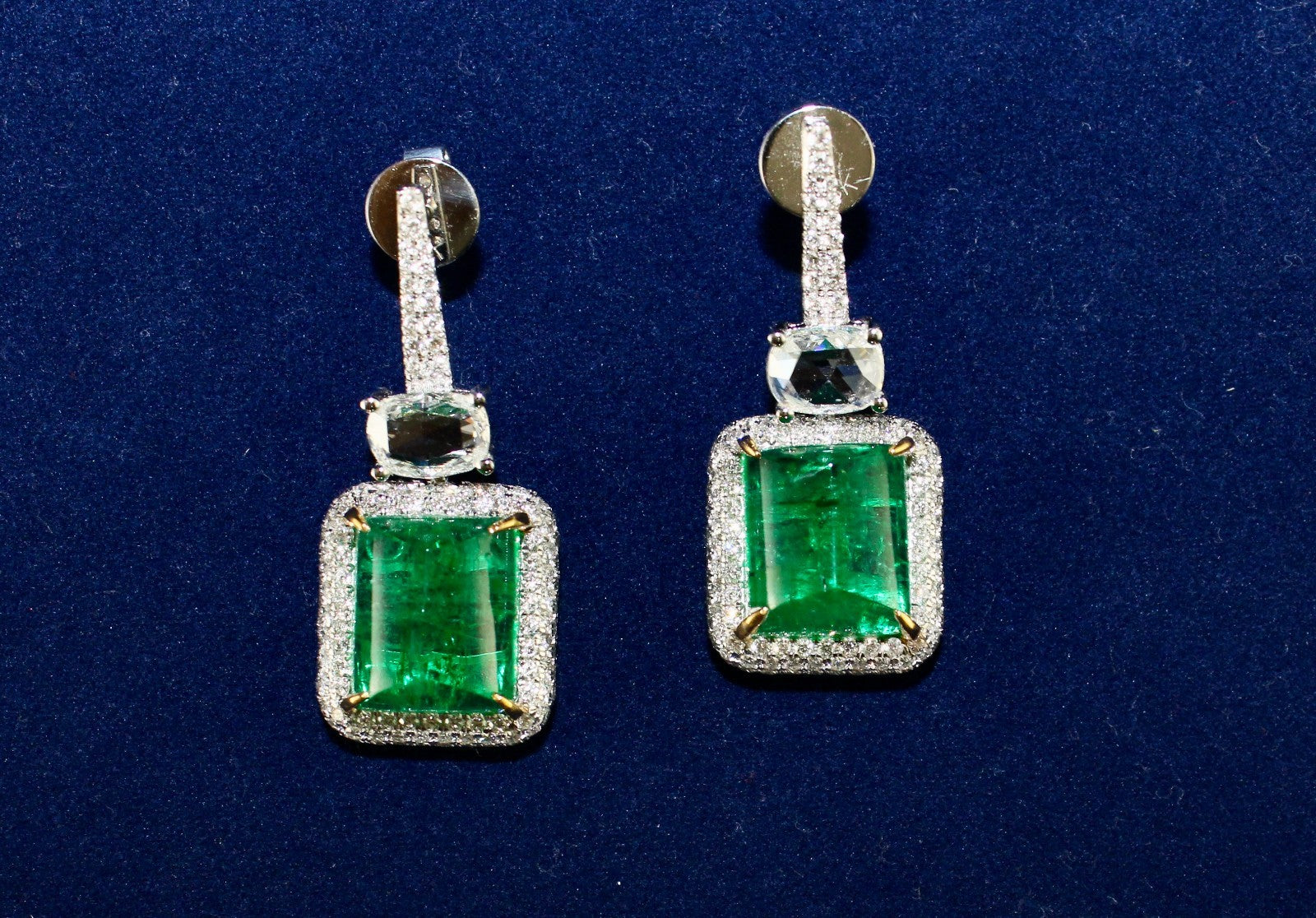 Certified Natural Emerald Cabochon Diamond Earrings 18k Gold Dangle Fine Jewelry