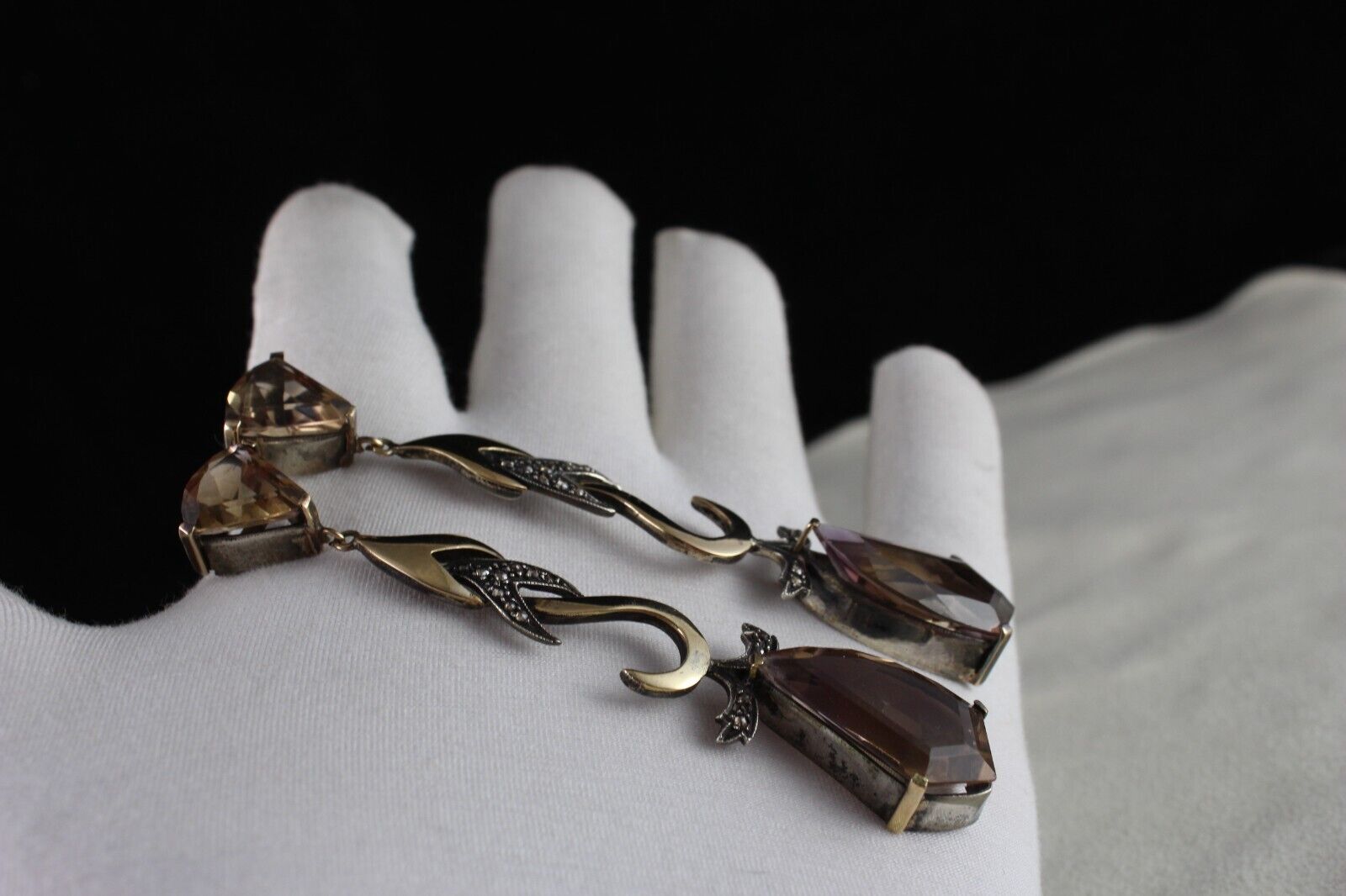 Natural Ametrine Cut 18K Gold Diamond & 925 Silver Victorian Statement Earring