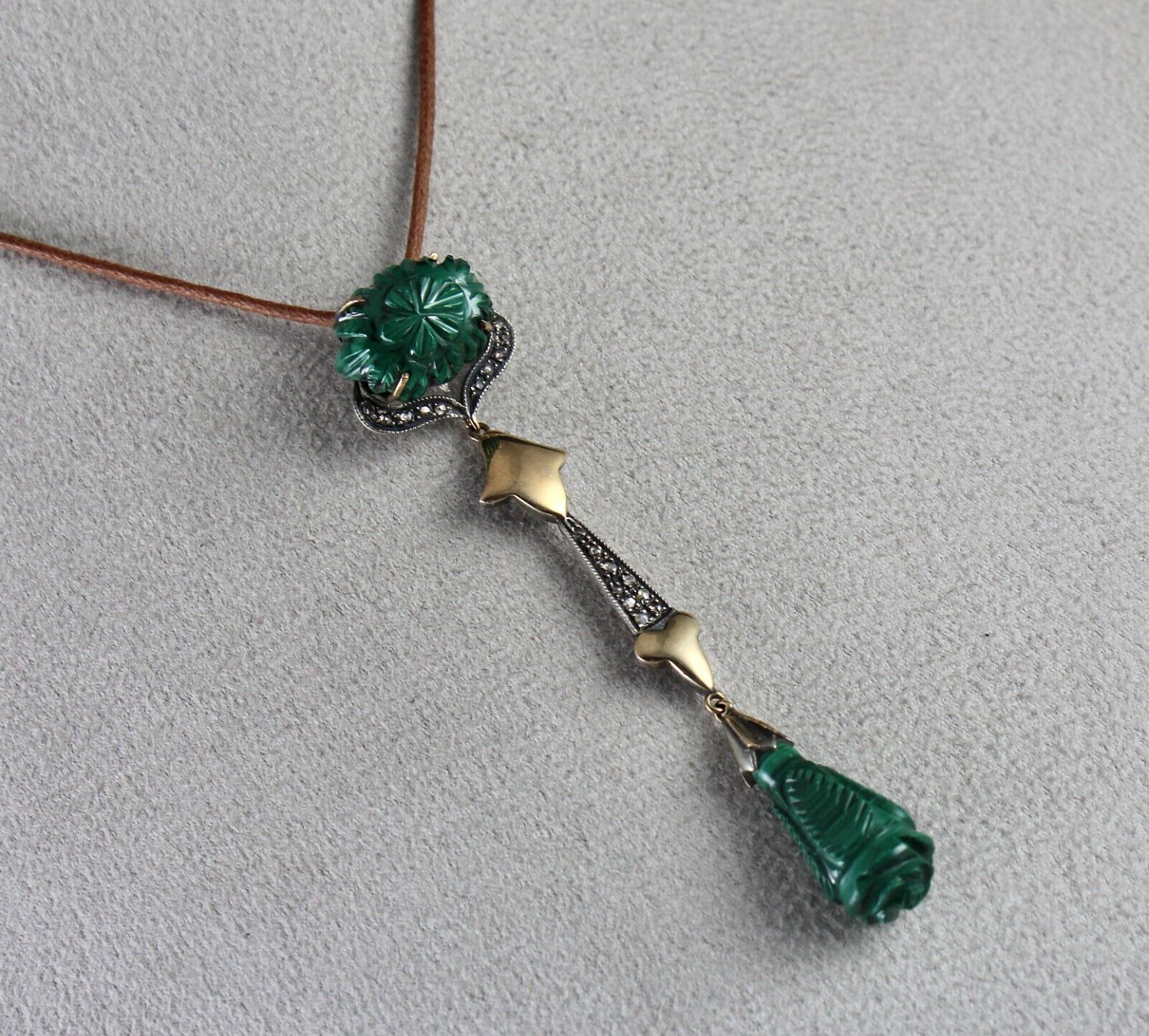 NATURAL MALACHITE CARVED DIAMOND SILVER 18K GOLD VICTORIAN PENDANT EARRING SET