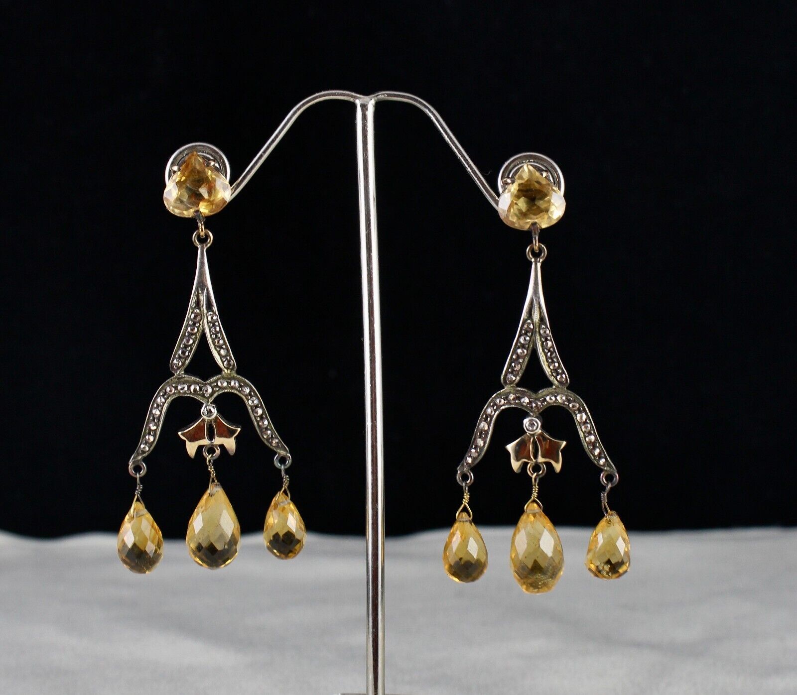 NATURAL CITRINE CUT DROPS DIAMOND 18K GOLD & 925 SILVER VICTORIAN ESTATE EARRING