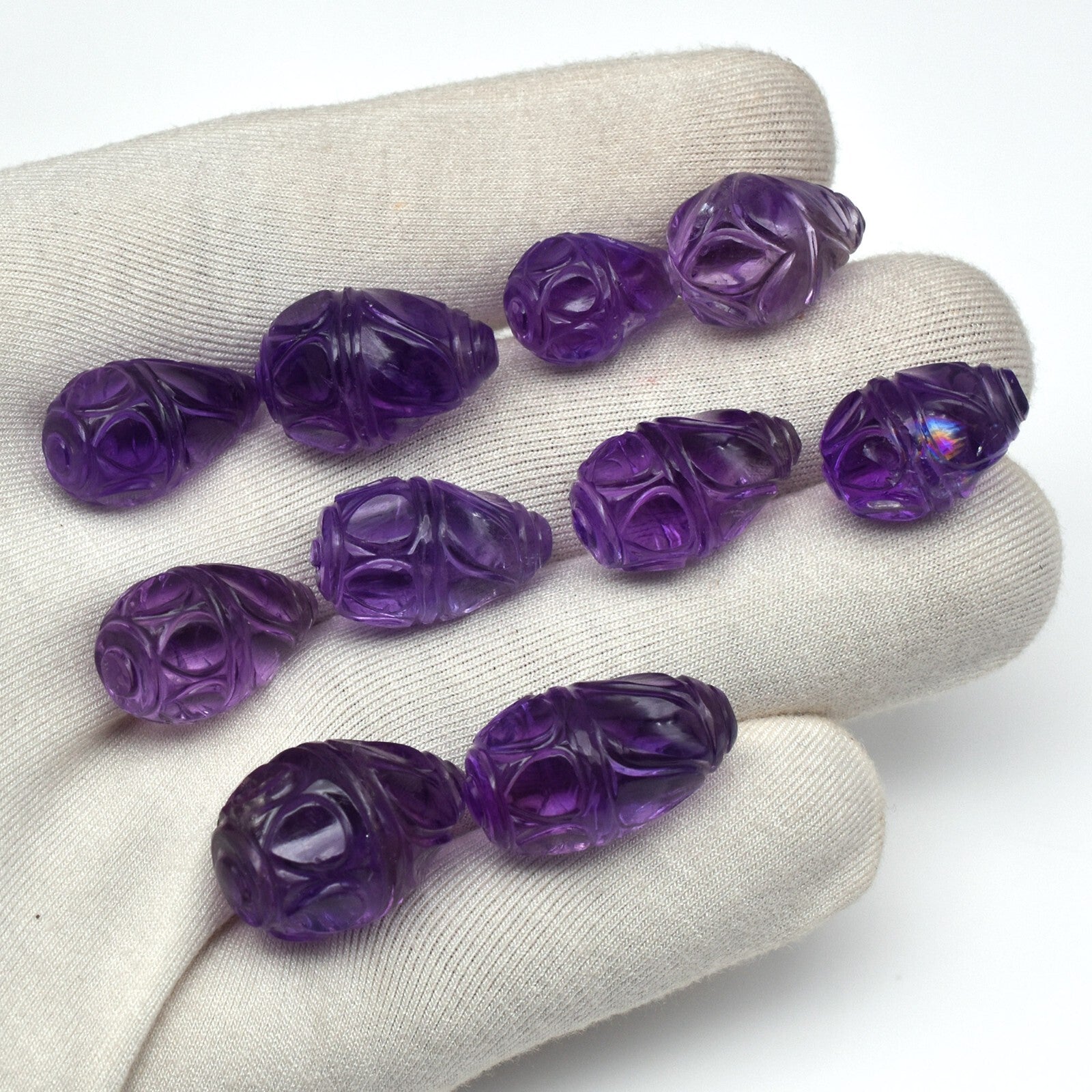 Certified Natural Amethyst 202ct Engraved Drop Earring Necklace Set Silver 10pc