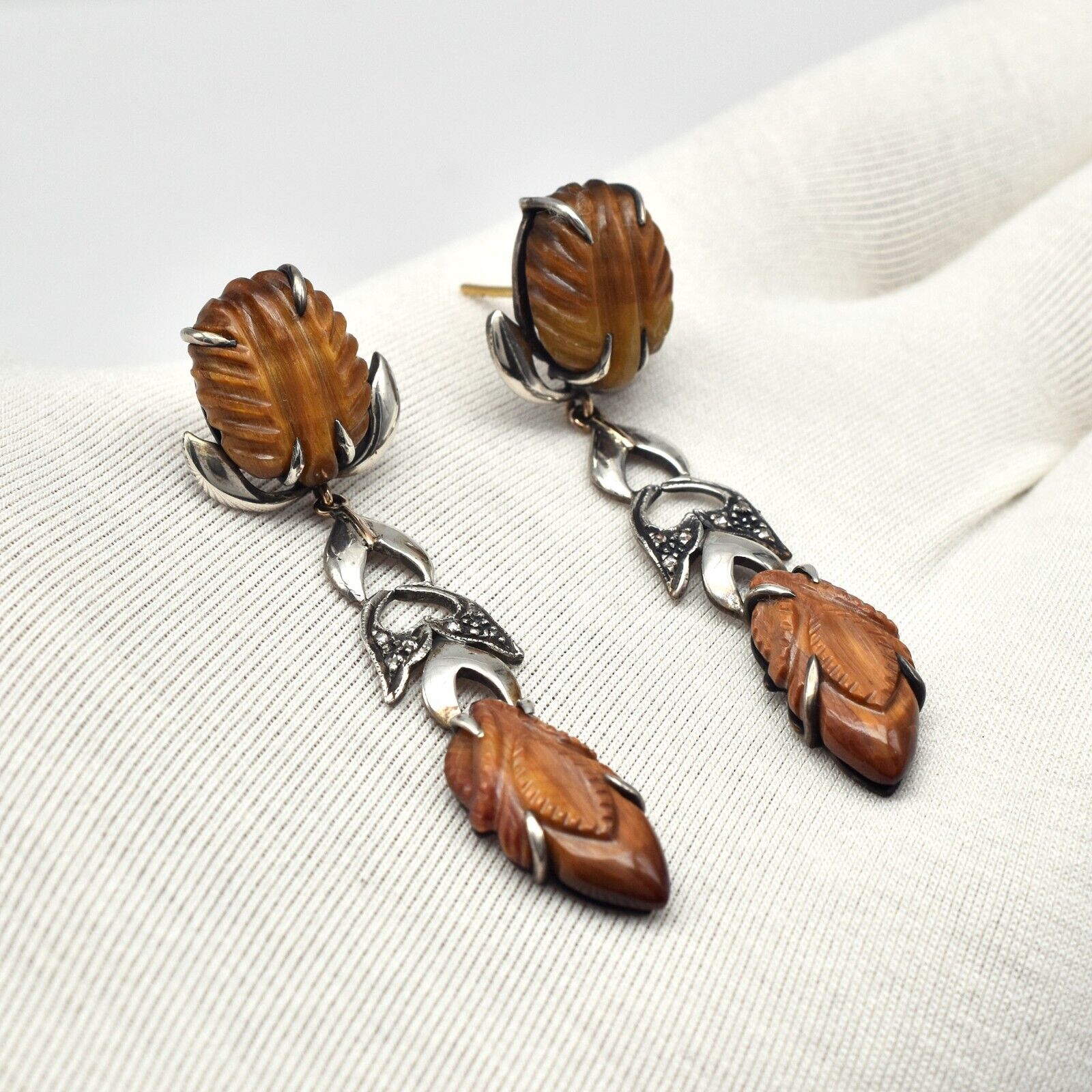 Estate Natural Tiger Eye Carved Diamond 18K Gold Silver Dangle Victorian Earring
